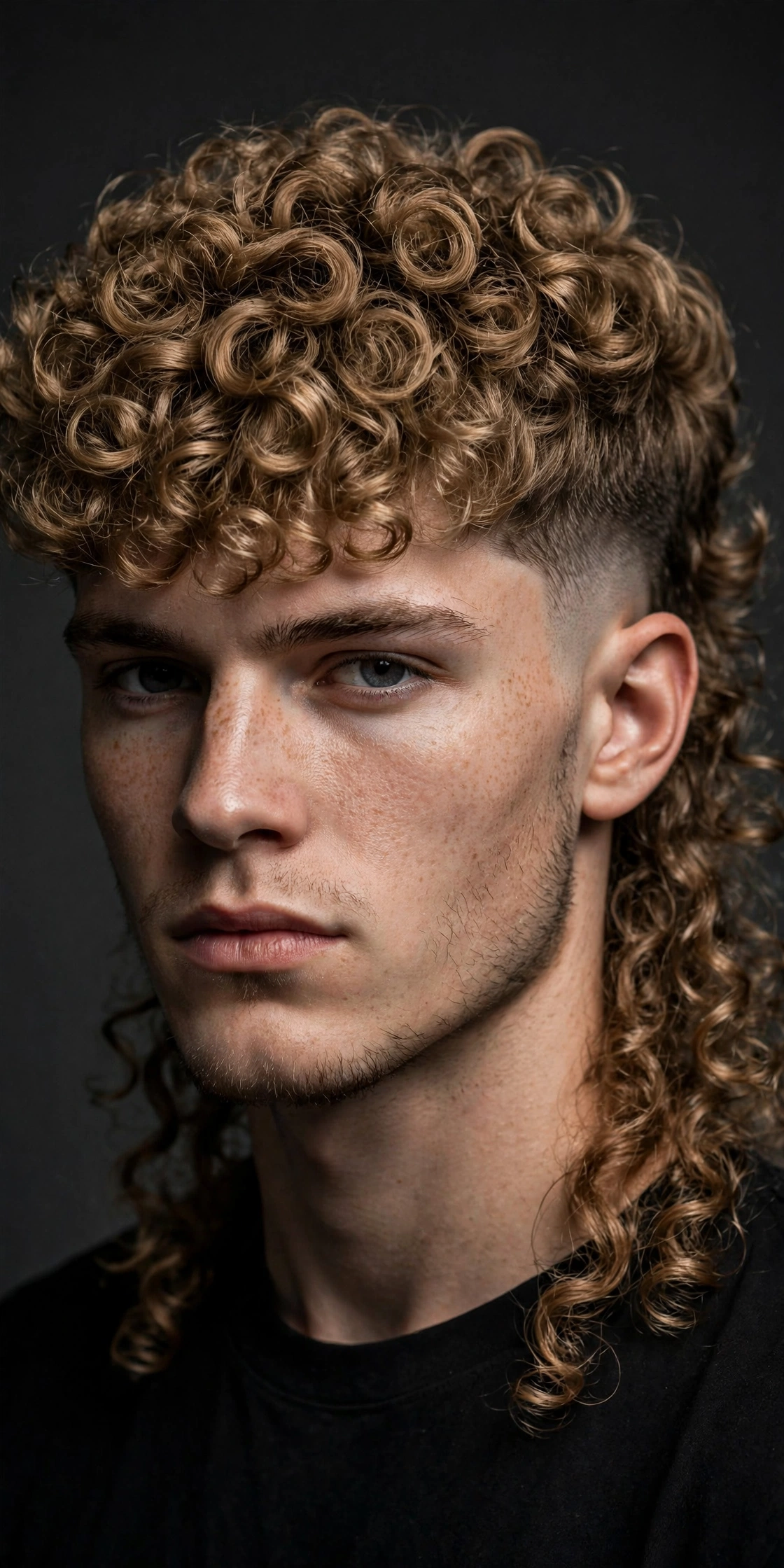 young man with broccoli mullet, fluffy curly top forward with longer curls down the back, faded sides