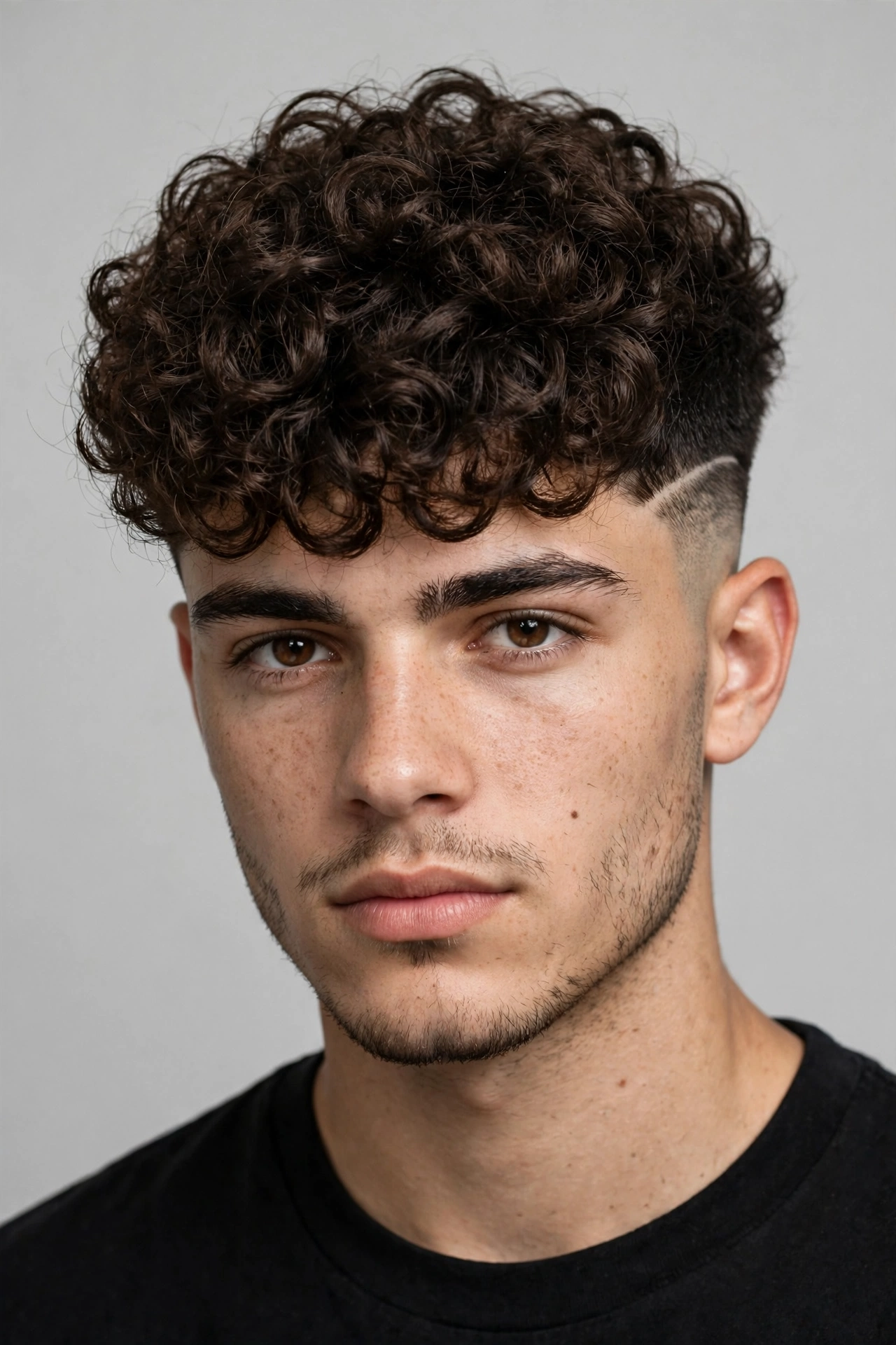 young man with broccoli cut and subtle shaved line design in the fade, voluminous curly top