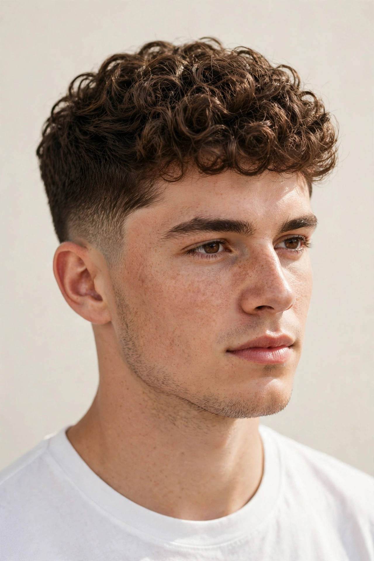 young man with clean college-friendly broccoli cut, tidy shorter curls, neat taper
