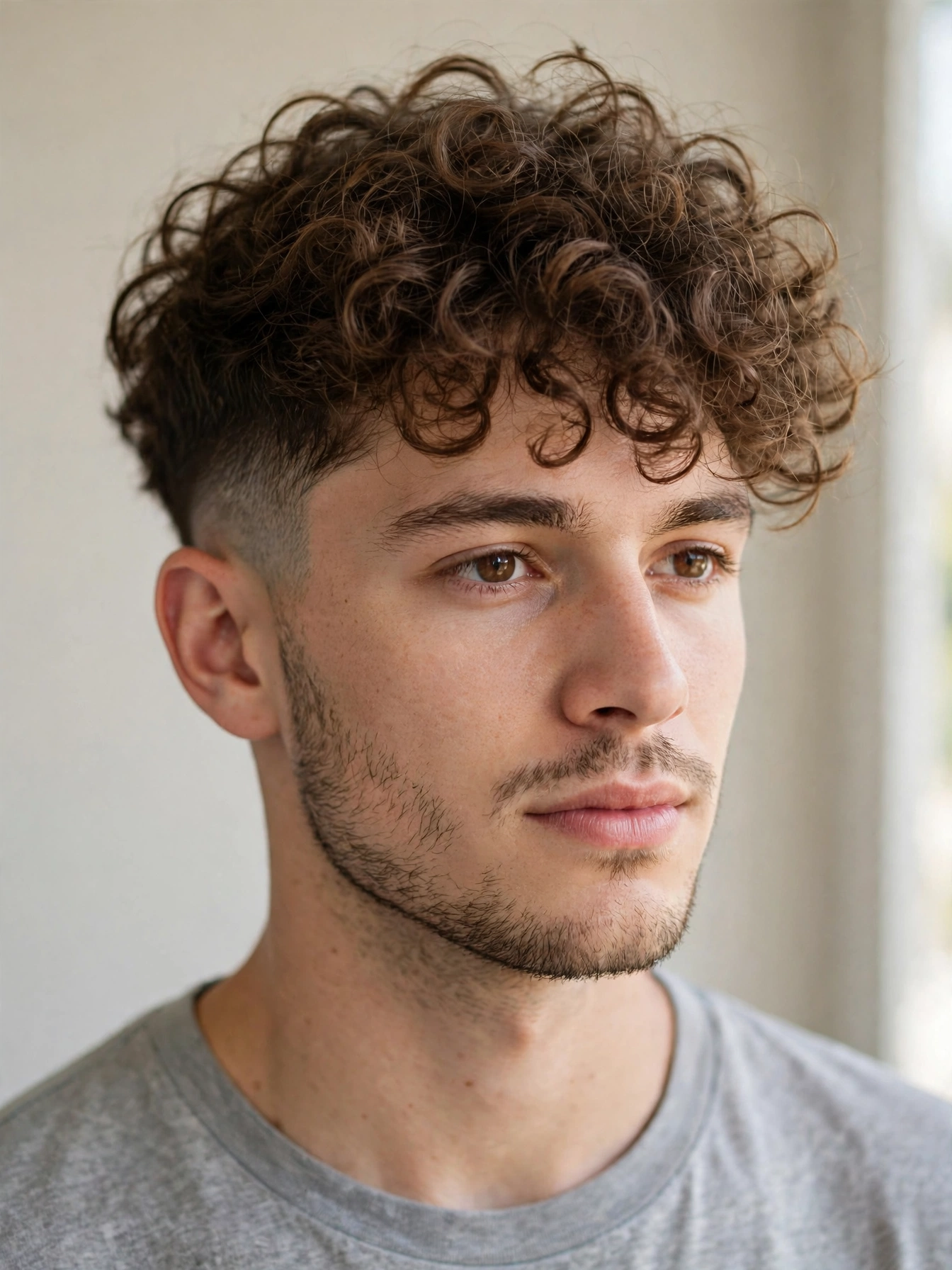 young man with grown-out broccoli cut, fuller curls all over, sides growing soft