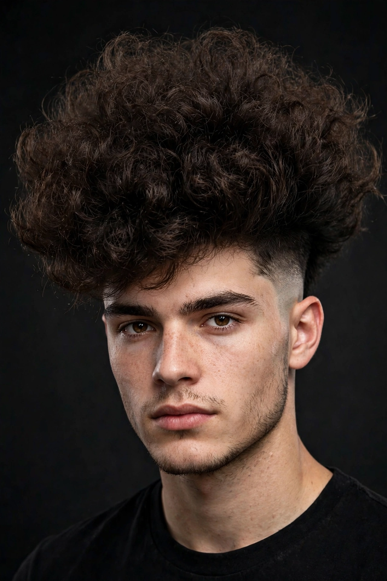 young man with maximum statement broccoli cut, huge bold fluffy curly top, tight faded sides