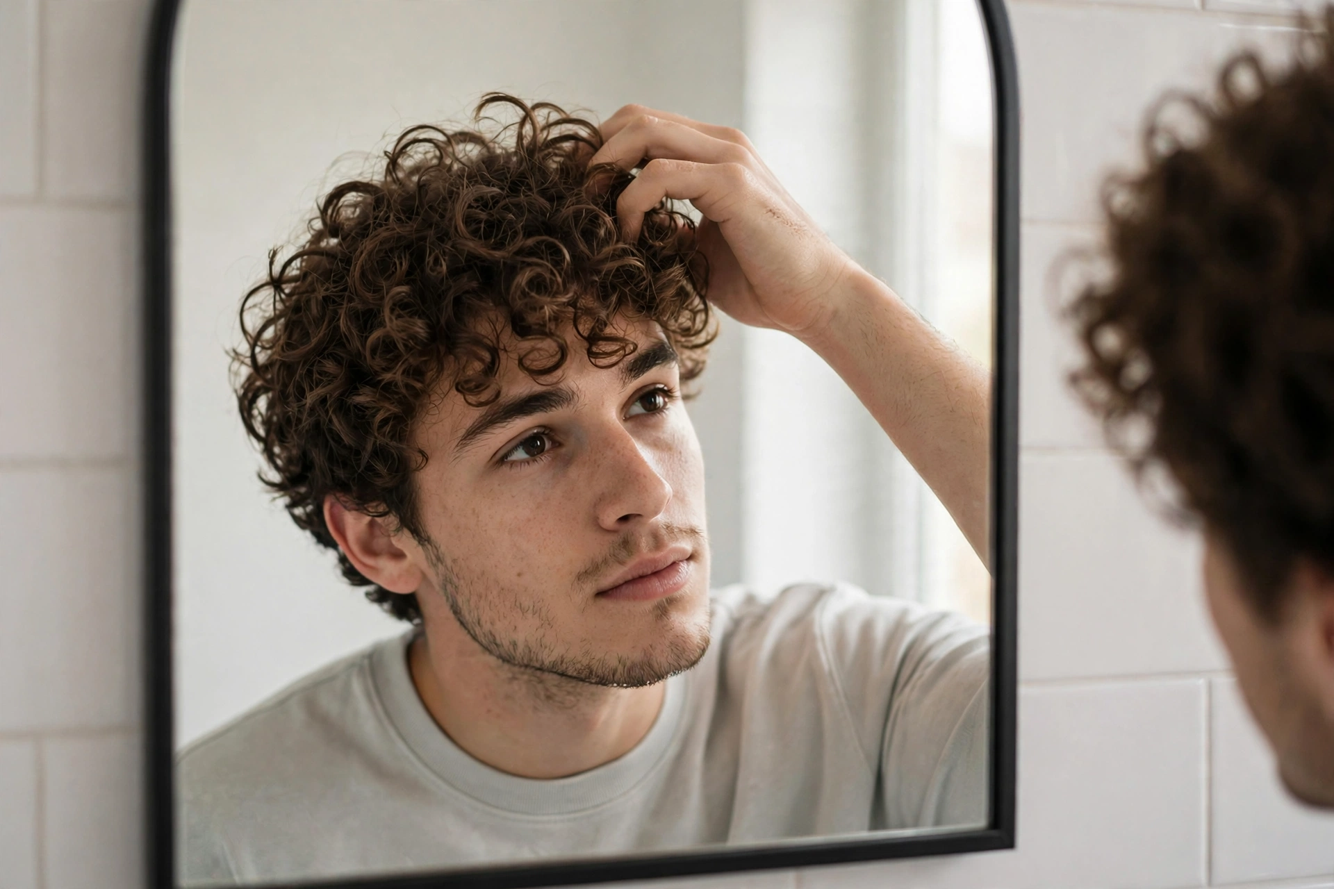 young man tousling his broccoli curls with fingers in a bathroom mirror, morning light