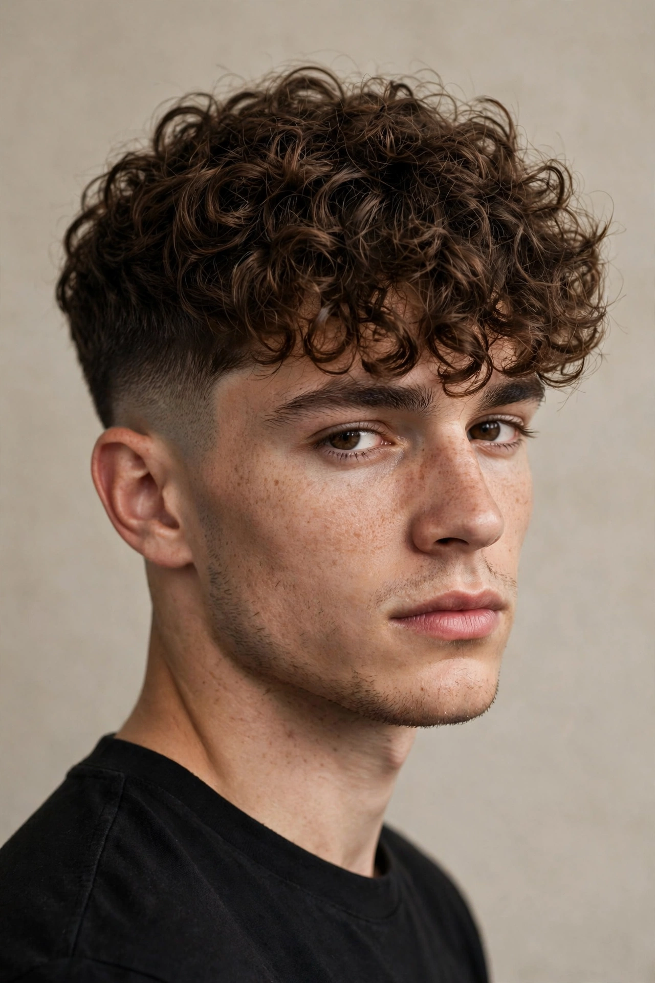 three-quarter studio portrait showing the classic broccoli cut silhouette with dense textured curls on top and faded sides