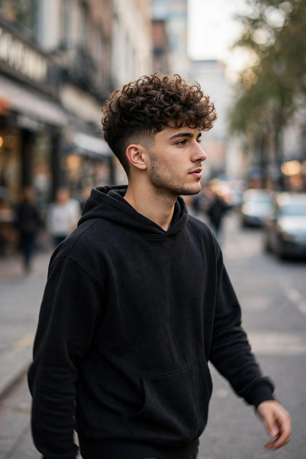 street-style outdoor photo of a young man with a fluffy broccoli cut in soft daylight