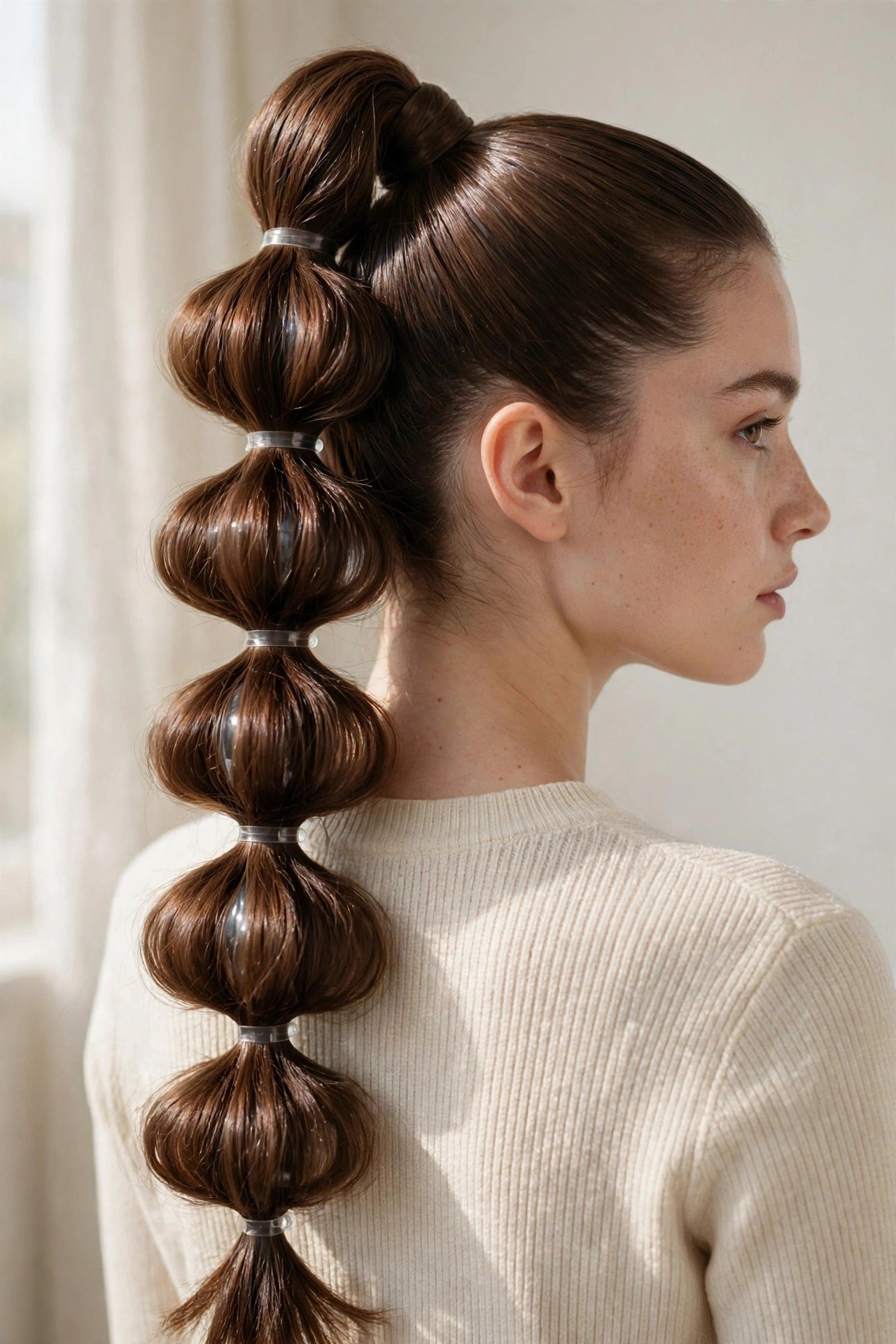 Woman with high bubble braid ponytail with voluminous rounded sections