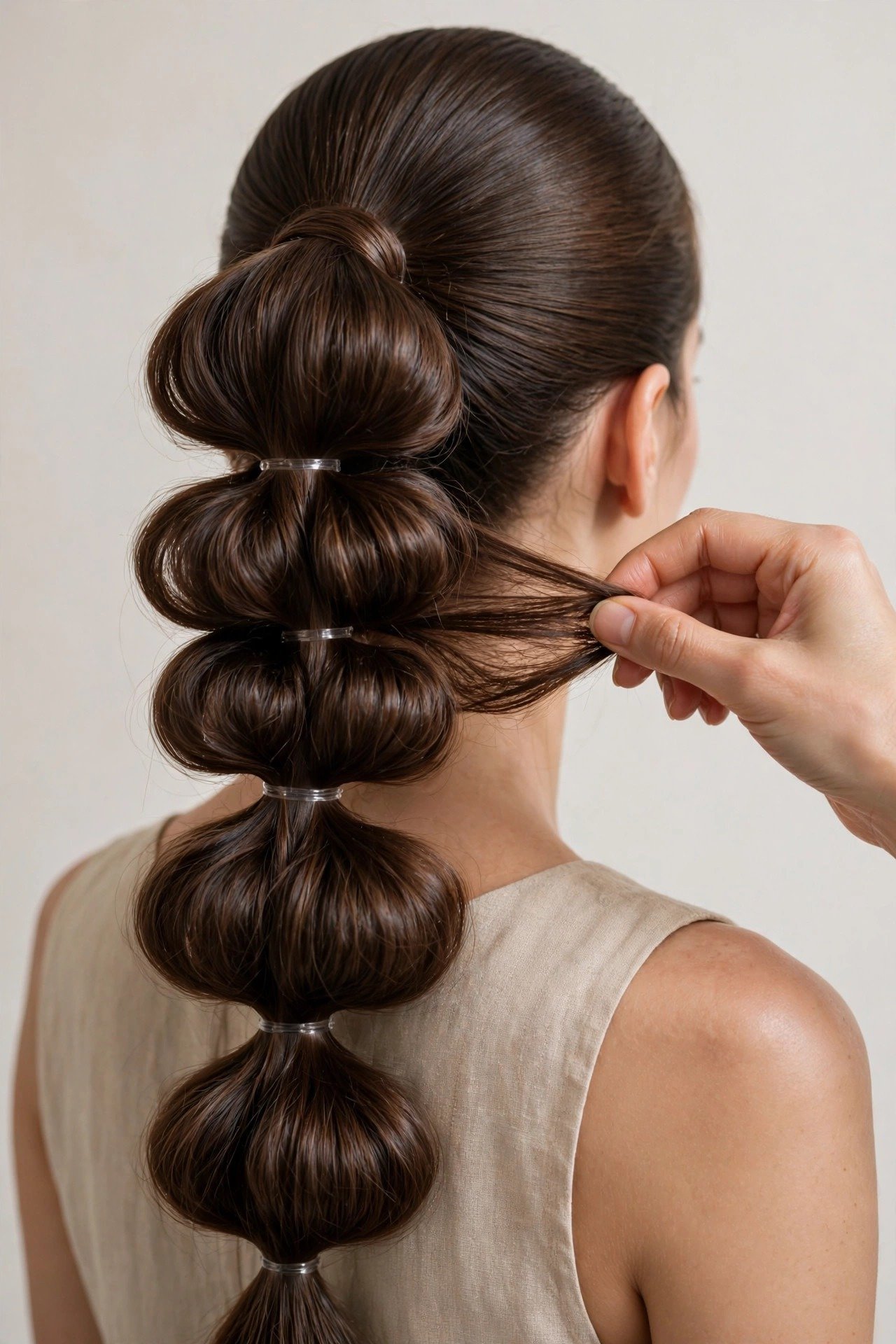 Step by step classic bubble braid ponytail tutorial on long brown hair