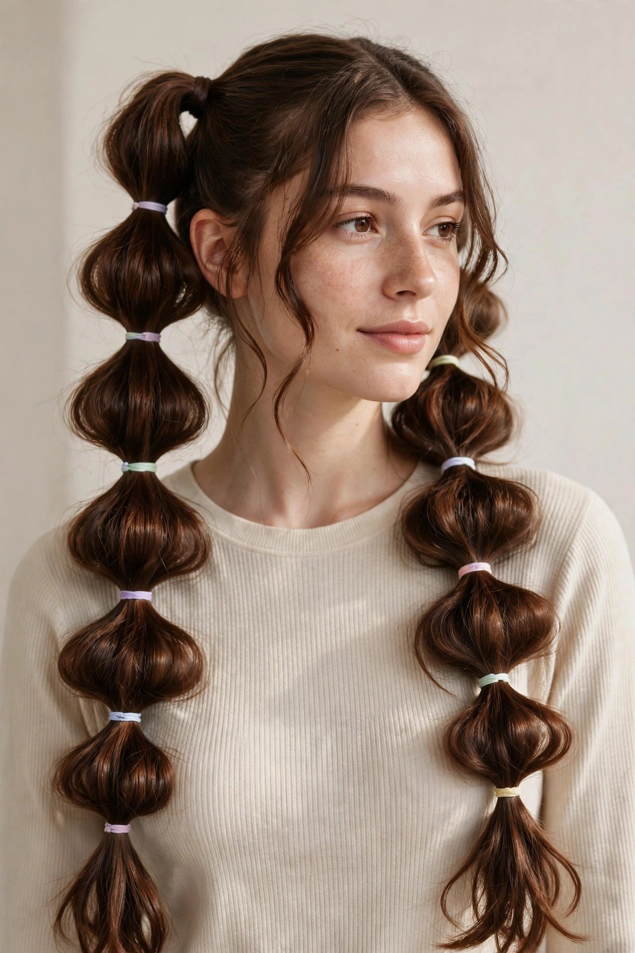 Double bubble braids pigtails with Y2K styling on a young woman