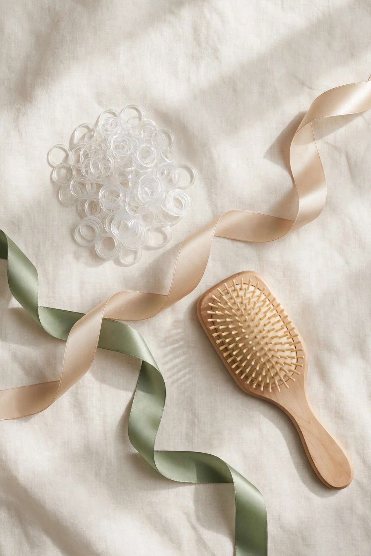 Bubble braids styling kit with elastics brush and hair products flat lay