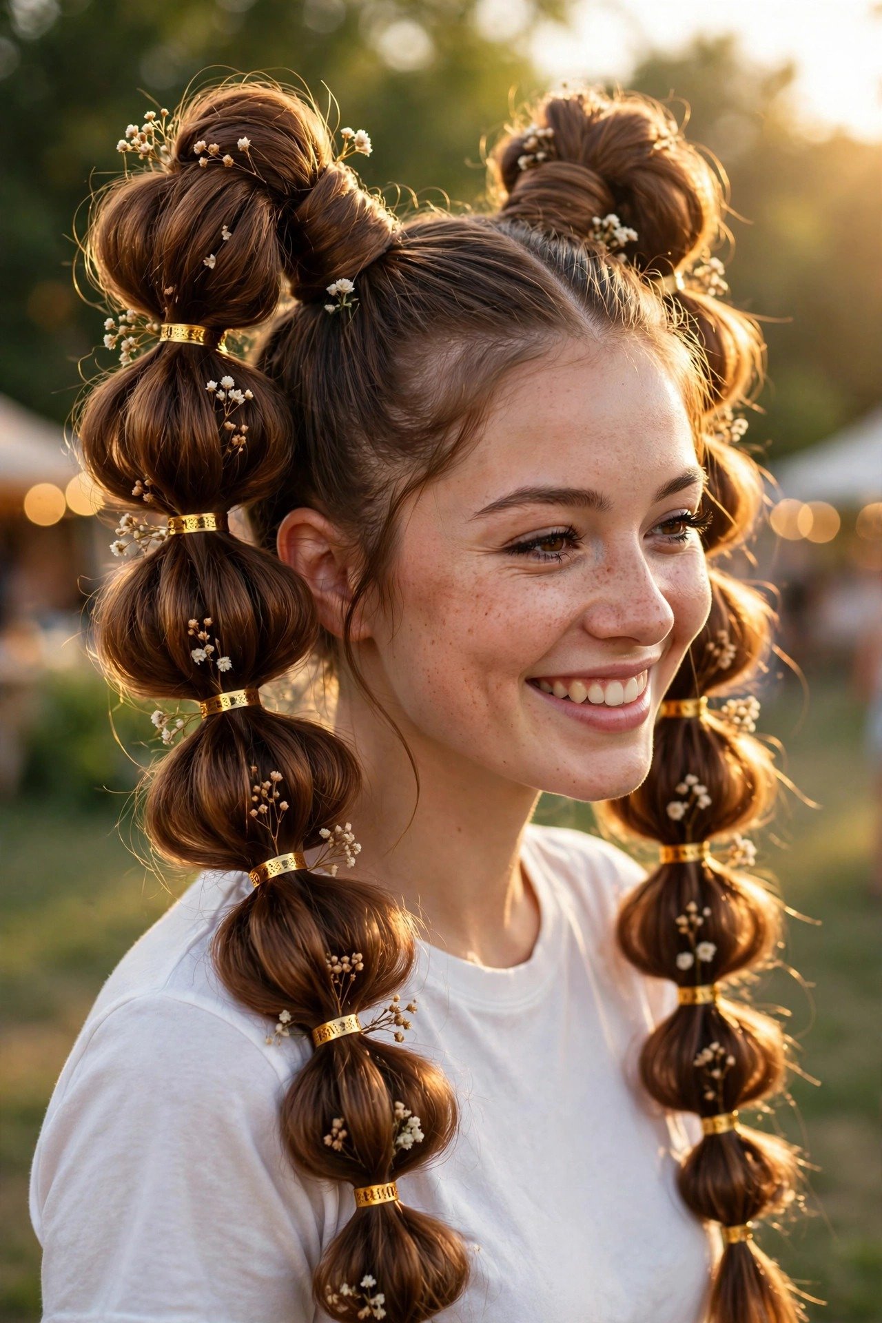Bubble braids styled for festival with accessories and gym workout