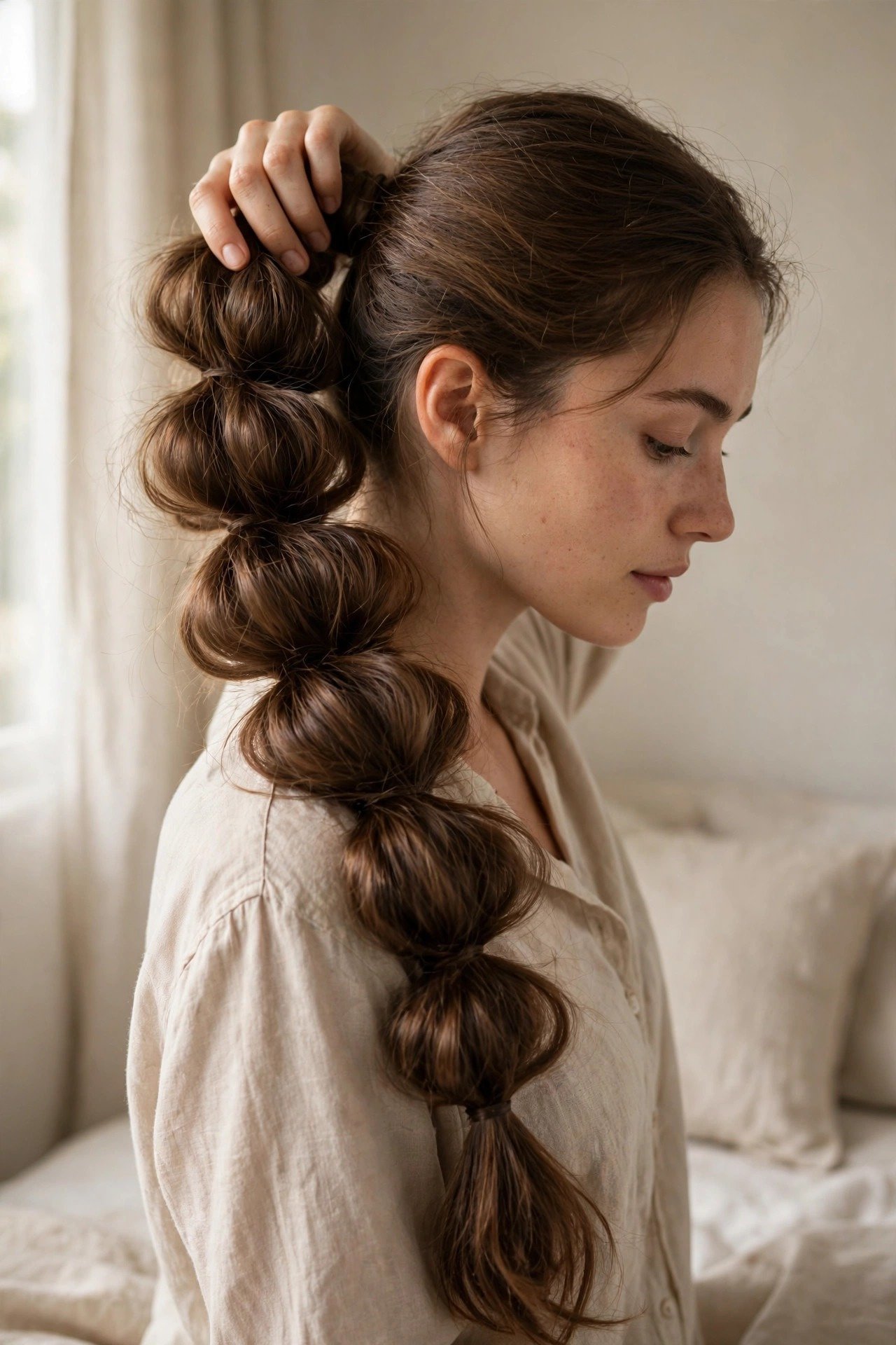 Woman refreshing day two bubble braids in the morning