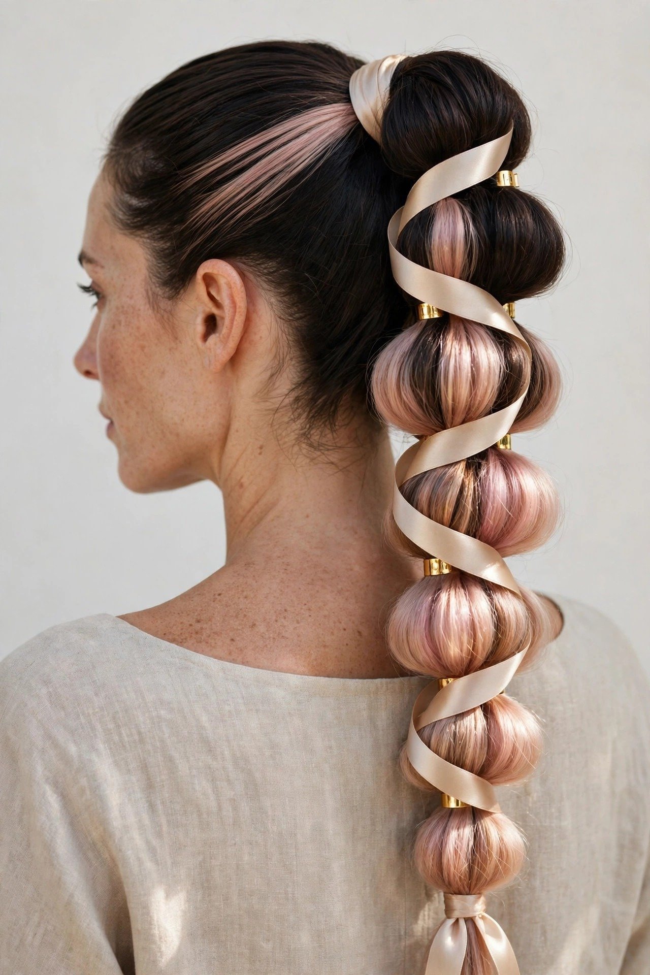 Bubble braids upgraded with satin ribbon gold cuffs and temporary color