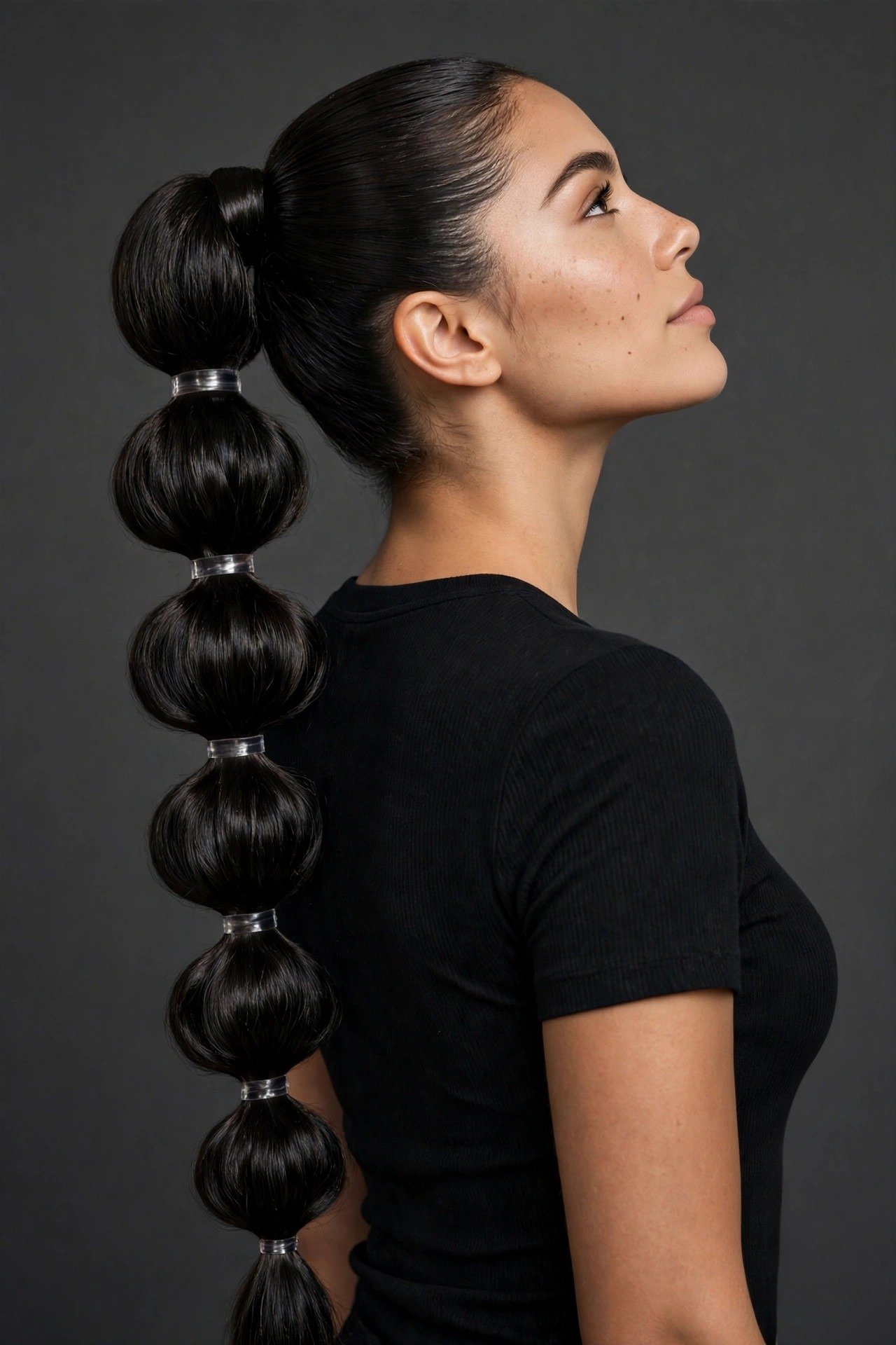 Woman with finished bubble braids hairstyle looking confident