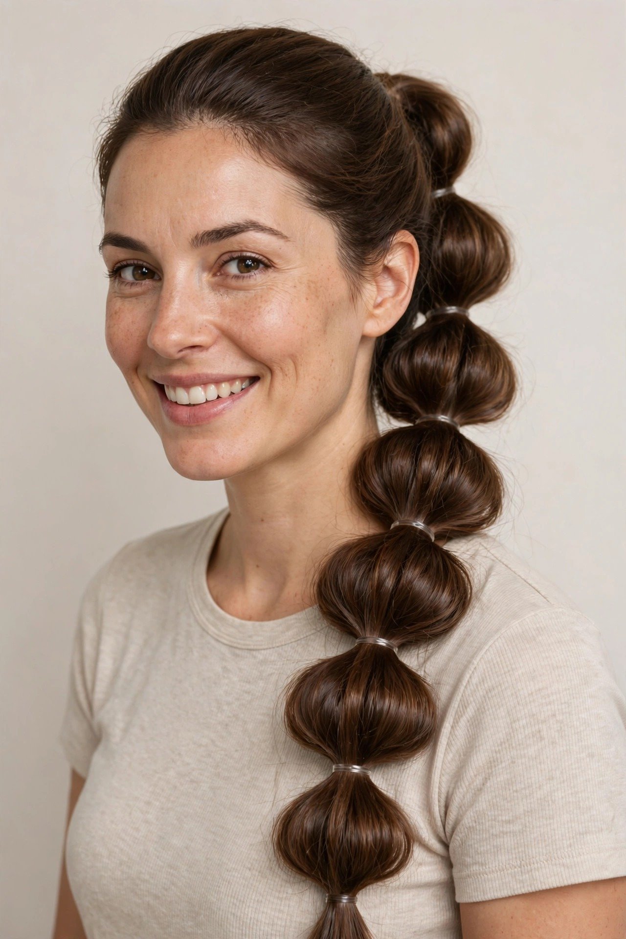 Woman with bubble braids smiling, frequently asked questions about bubble braids