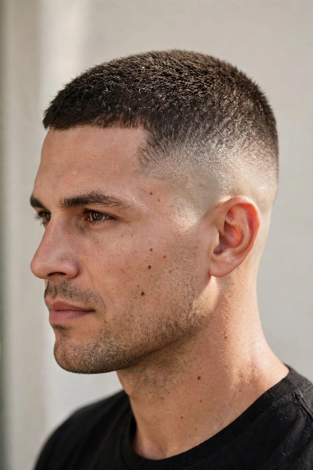 Military-sharp buzz cut with fade showing clean blended sides and short textured top
