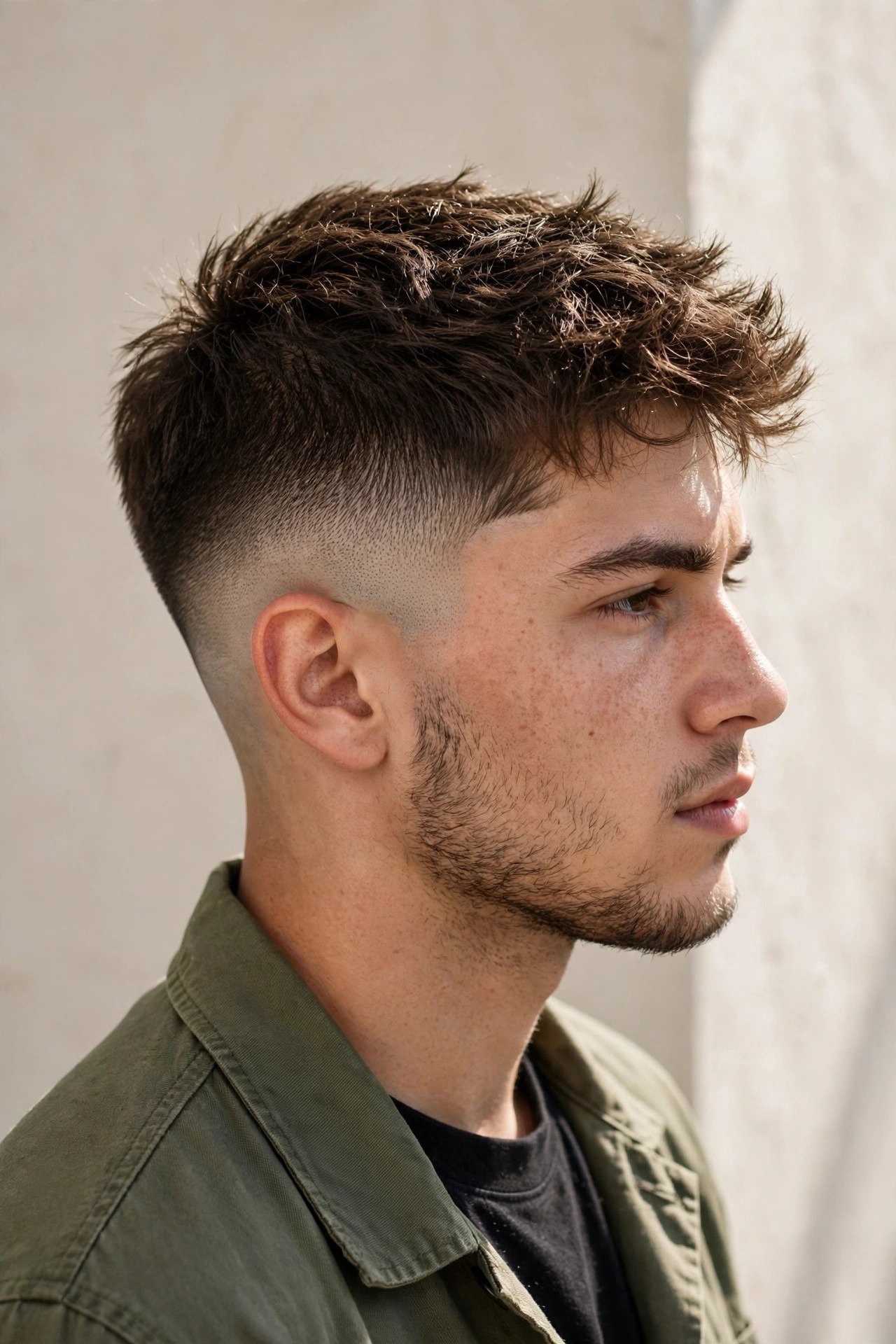 Stylish man with 2026 buzz cut fade trend, sharp mid fade and textured short top
