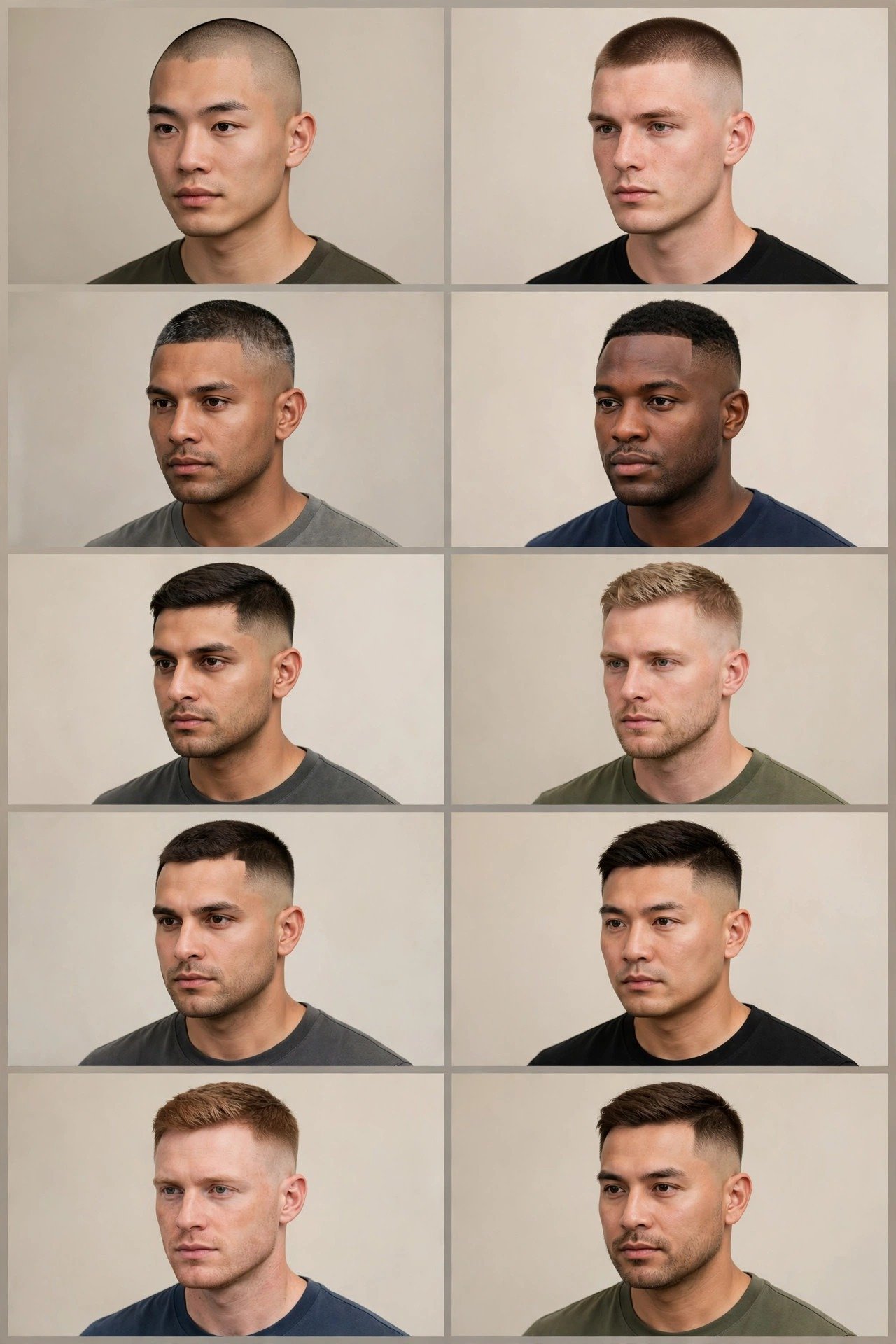 Ten buzz cut fade variations displayed including induction burr butch high and tight and crew cut fades