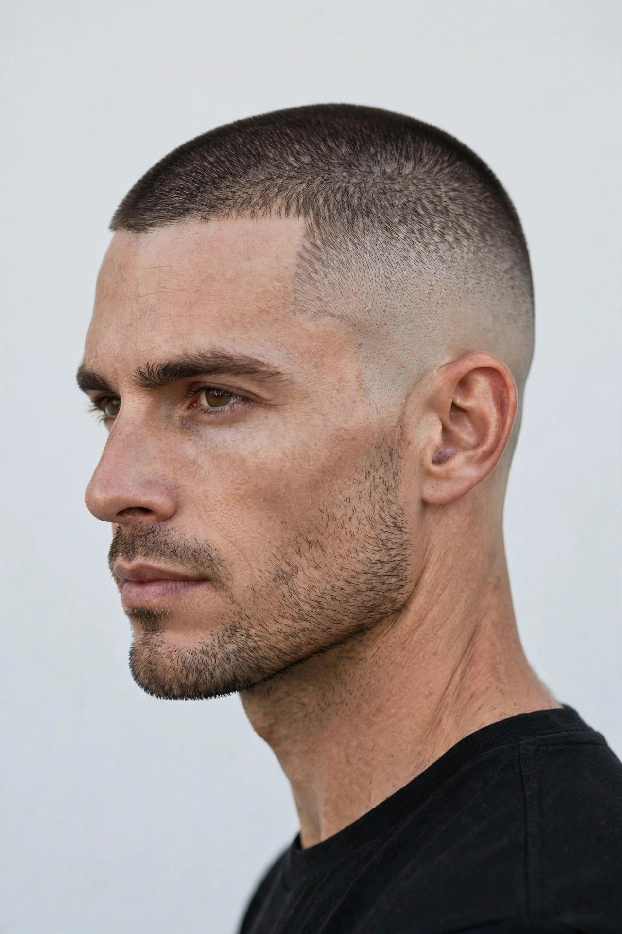 Man with oval head shape showing ideal buzz cut fade fit and sharp jawline