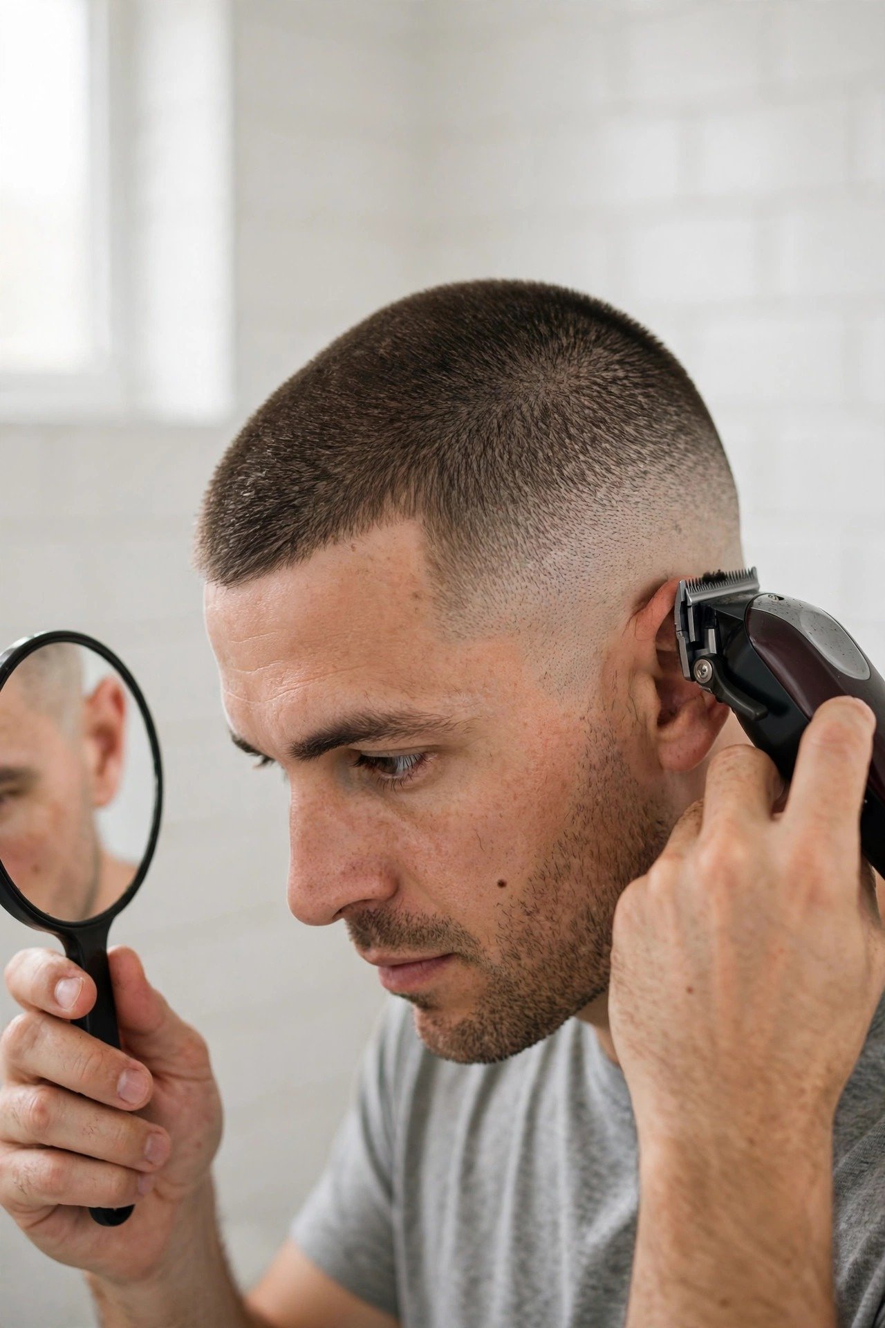 Man buzzing his own head at home with professional clippers and hand mirror for DIY fade