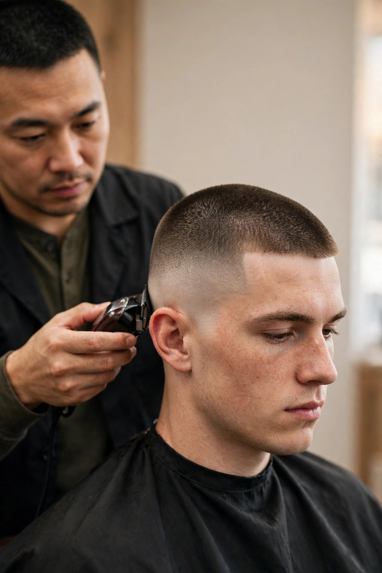 Barber giving client a precise buzz cut fade with clippers in professional barbershop
