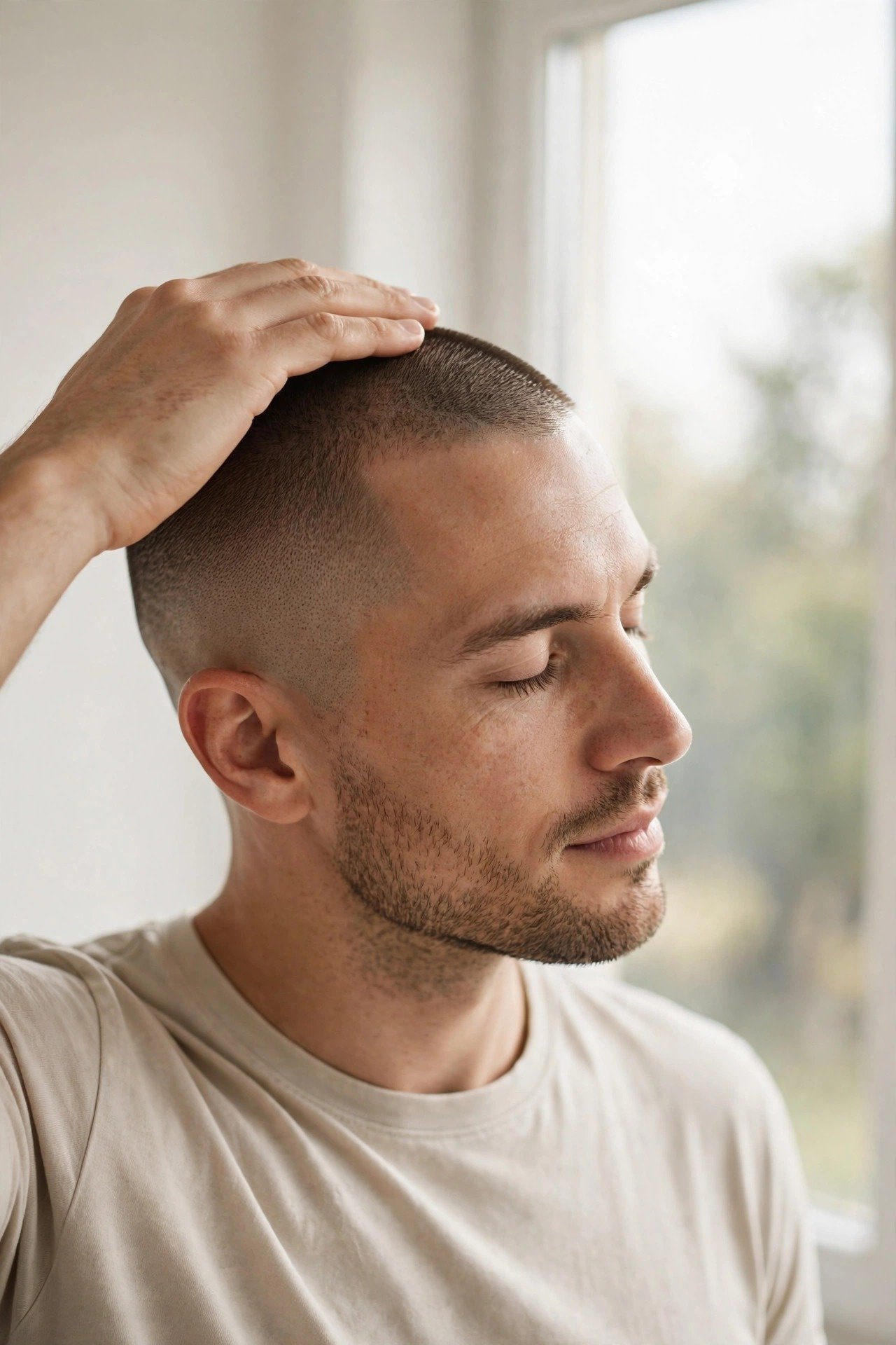 Man applying sunscreen and moisturizer to buzzed scalp as part of scalp care routine