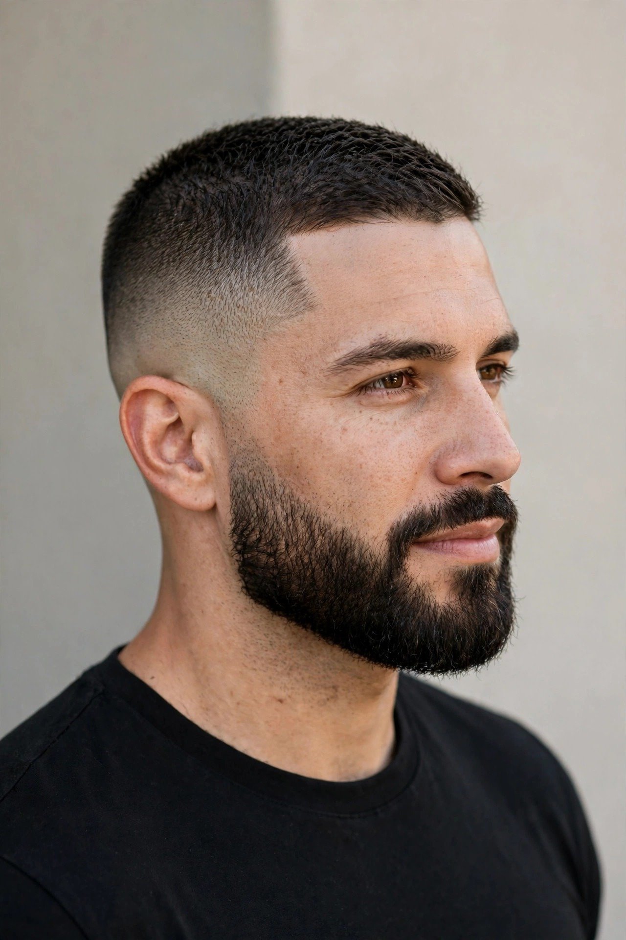 Man with buzz cut fade paired with full shaped beard showing balanced proportions