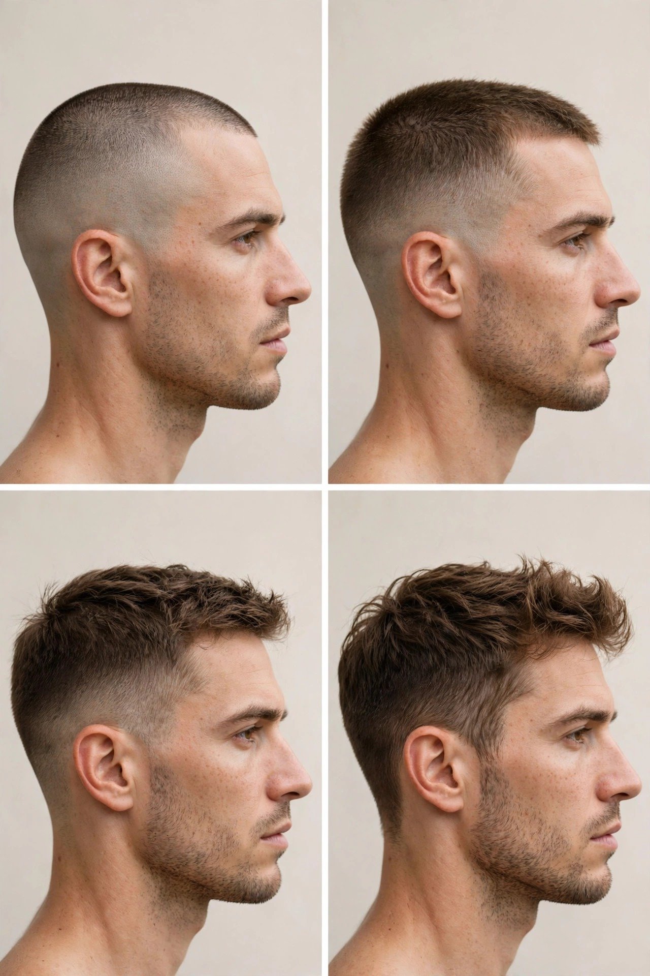 Week by week hair growth stages showing buzz cut fade growing out into longer styles