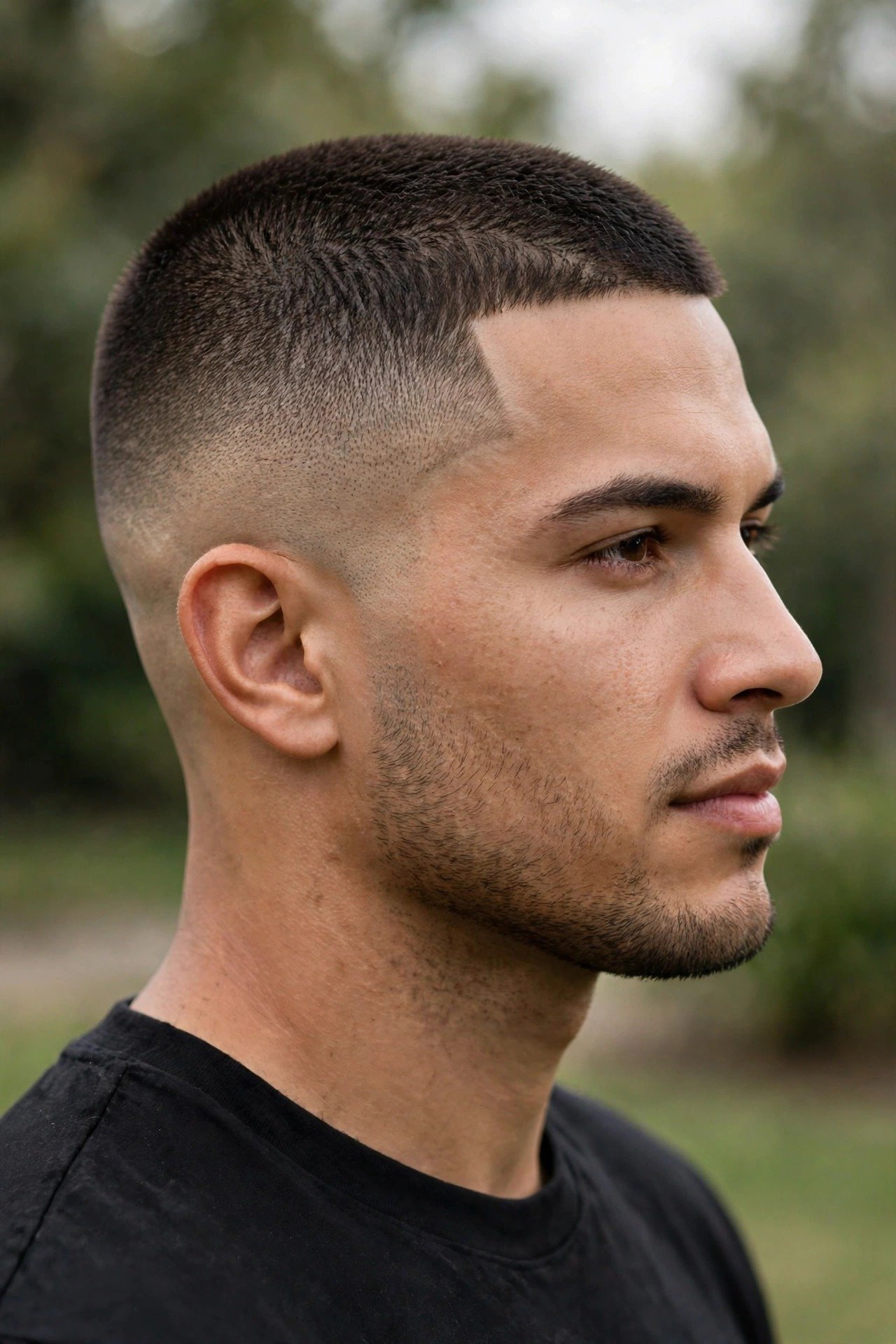 Confident man with perfect military-sharp buzz cut fade final look