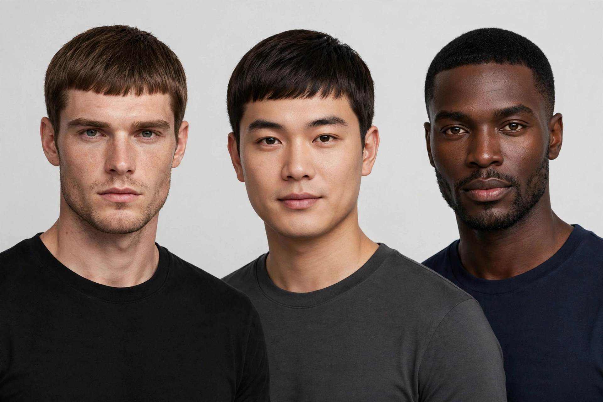 three male models with different face shapes wearing caesar cuts, studio lighting
