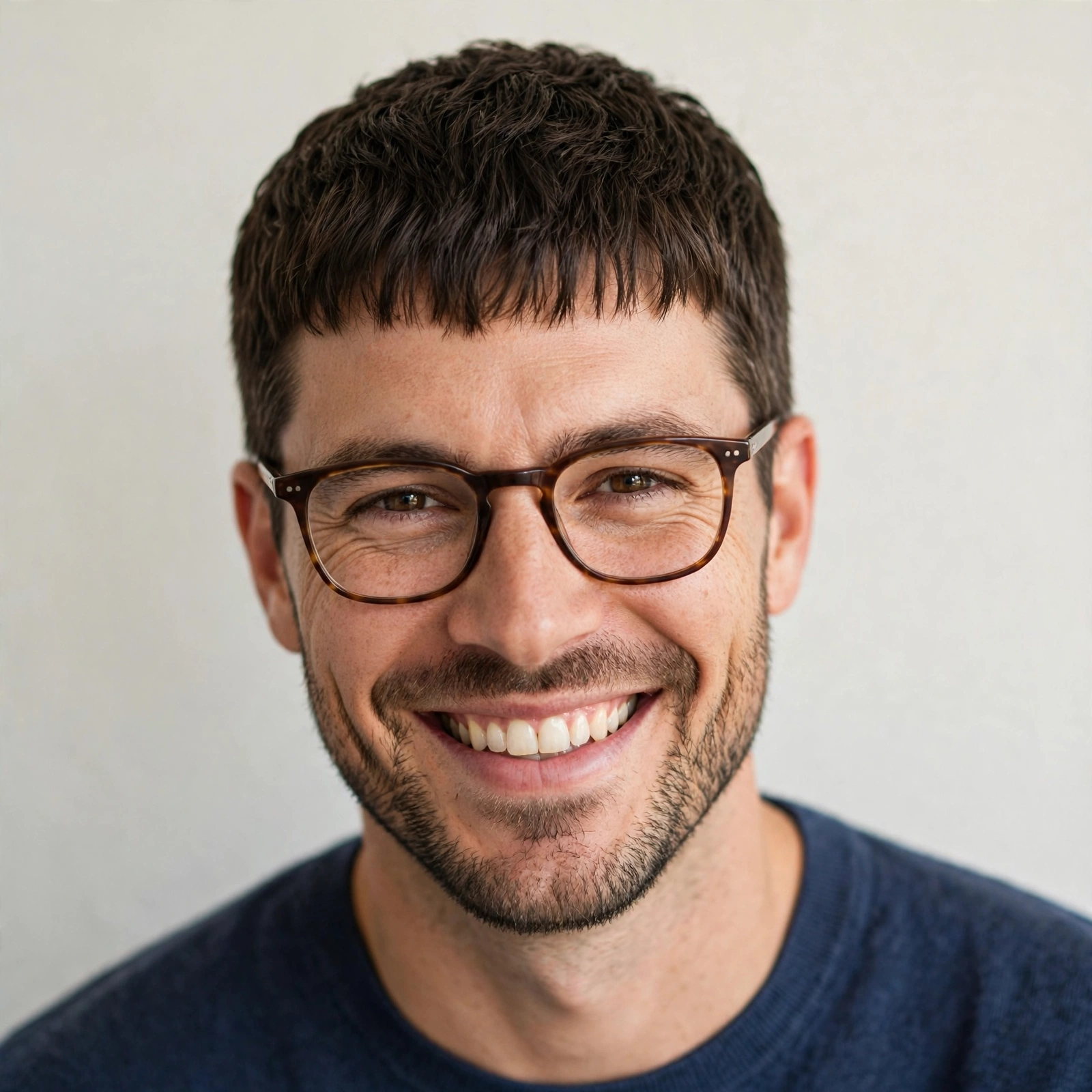 man wearing glasses with a neat caesar cut, smiling portrait