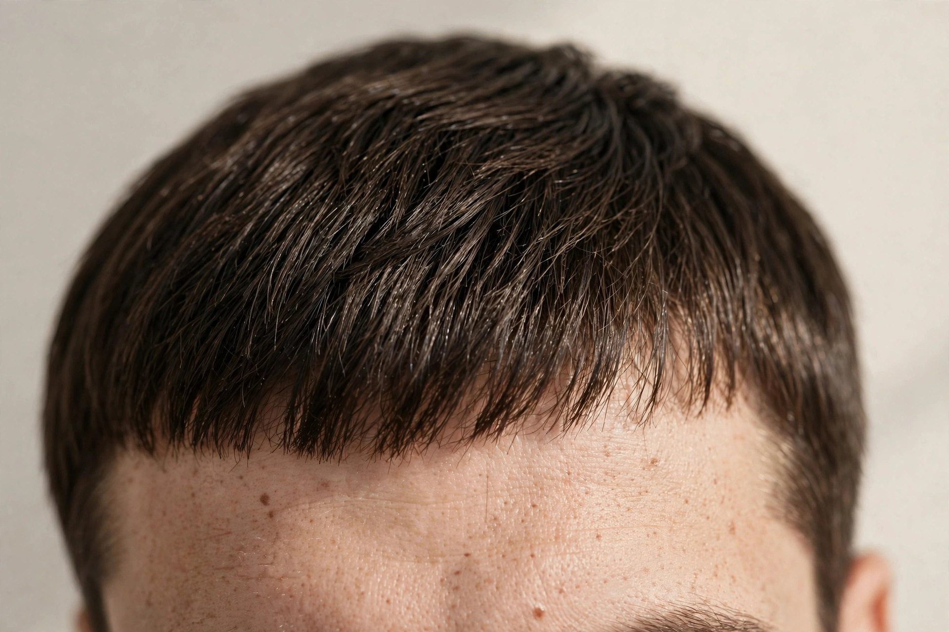 close-up of a man's hairline with short forward-styled caesar fringe