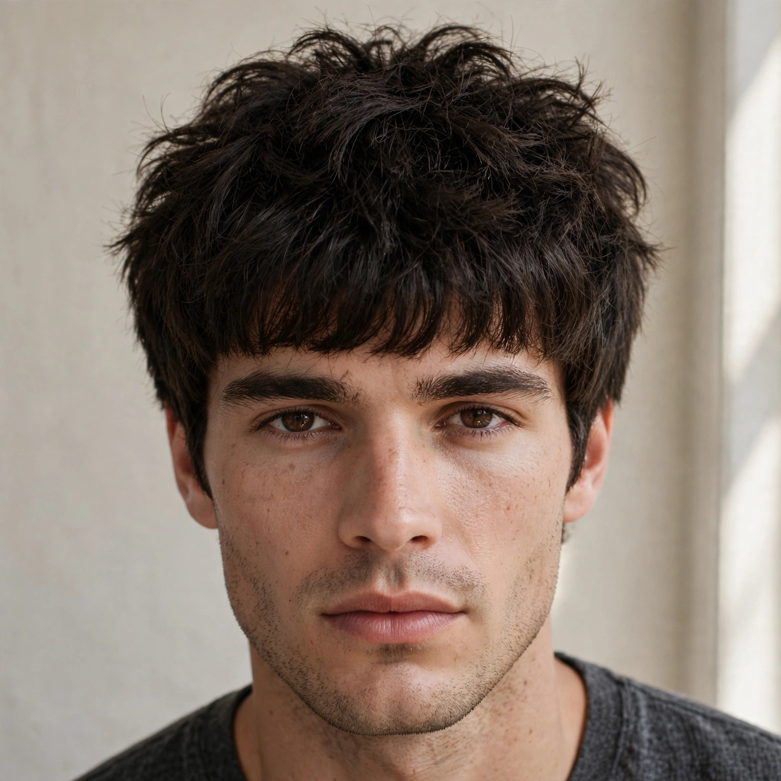 male model with thick coarse hair in a textured caesar cut