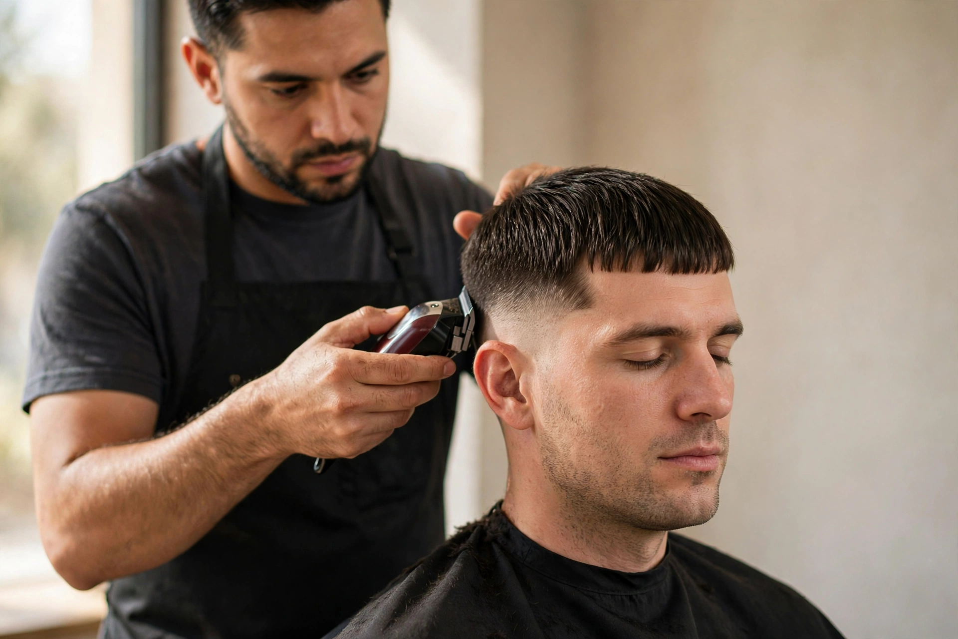 barber cutting a man's hair with clippers, quick barbershop trim