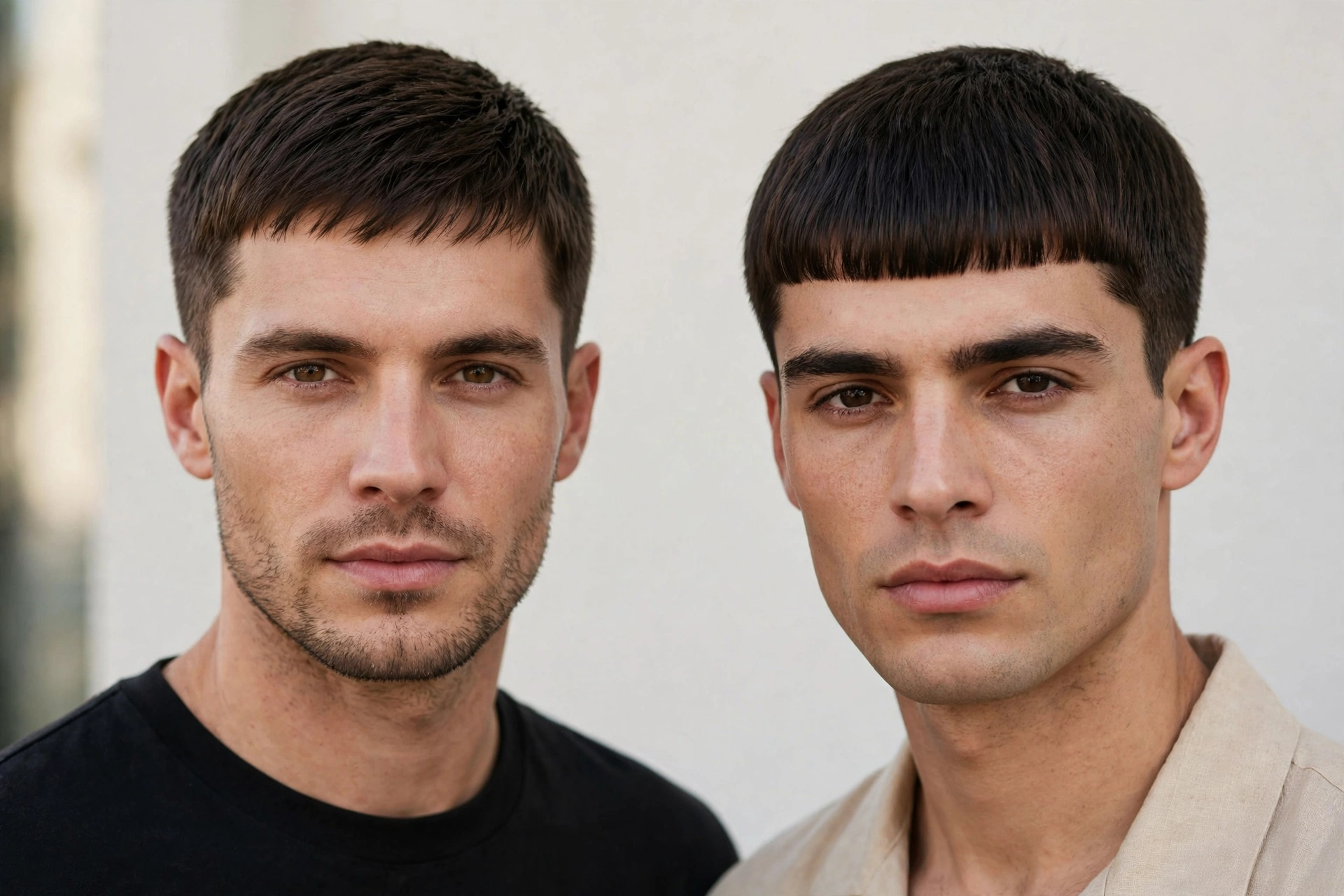 side-by-side style comparison of caesar cut and french crop on two men