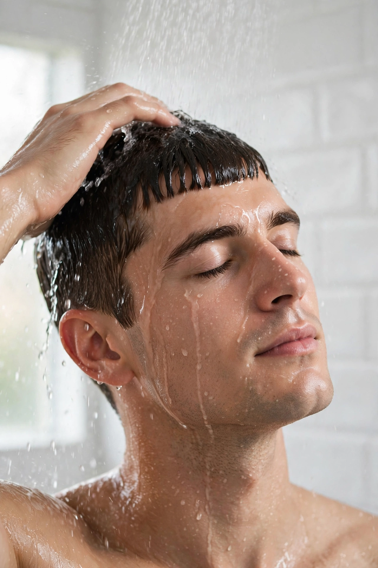 man washing short hair in shower, water running over caesar cut
