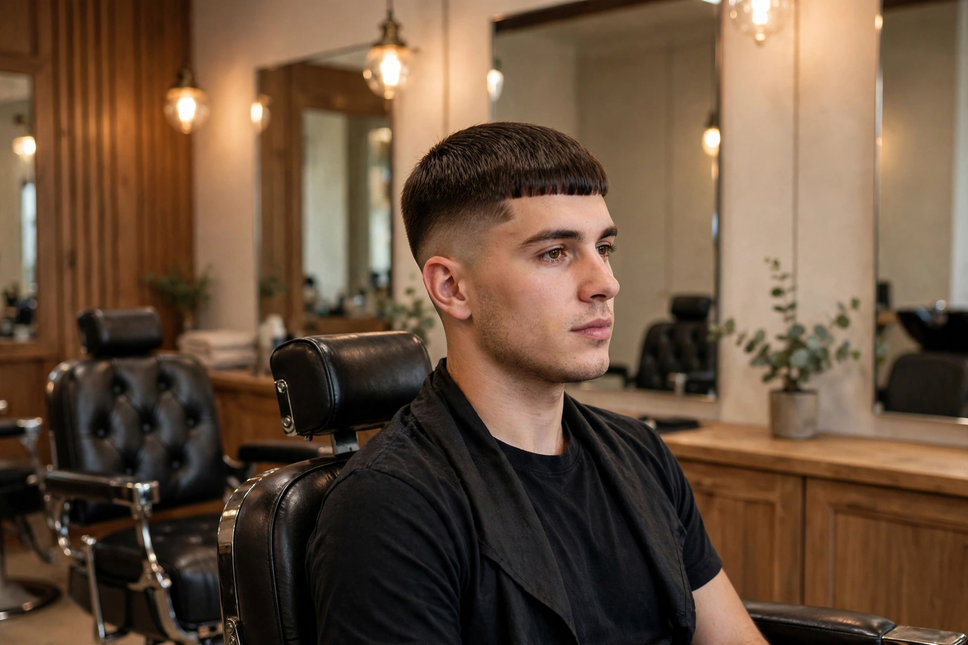 barbershop interior with caesar cut style chart on wall, warm lighting