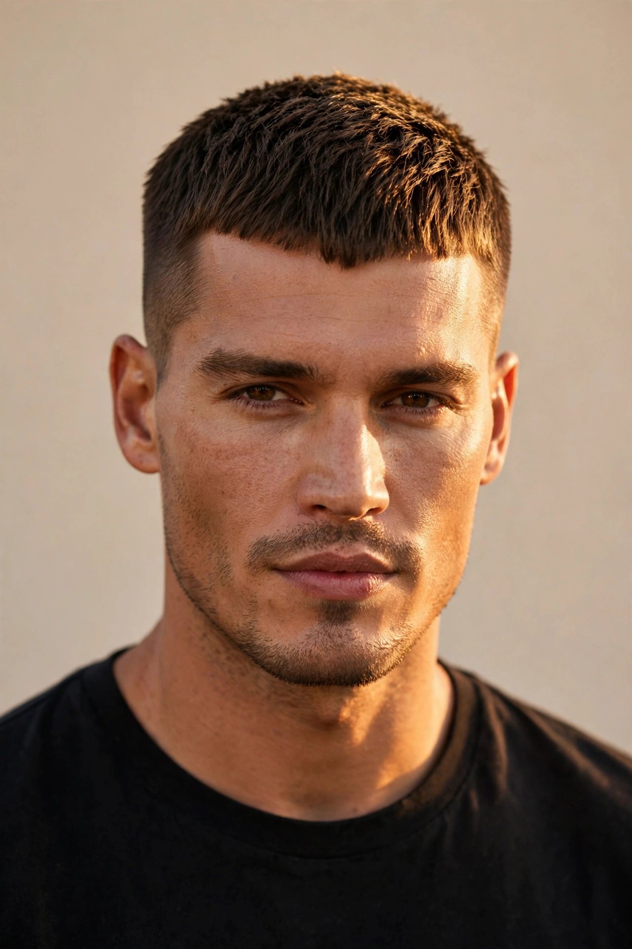 confident male model with sharp caesar cut, golden hour portrait, premium photography