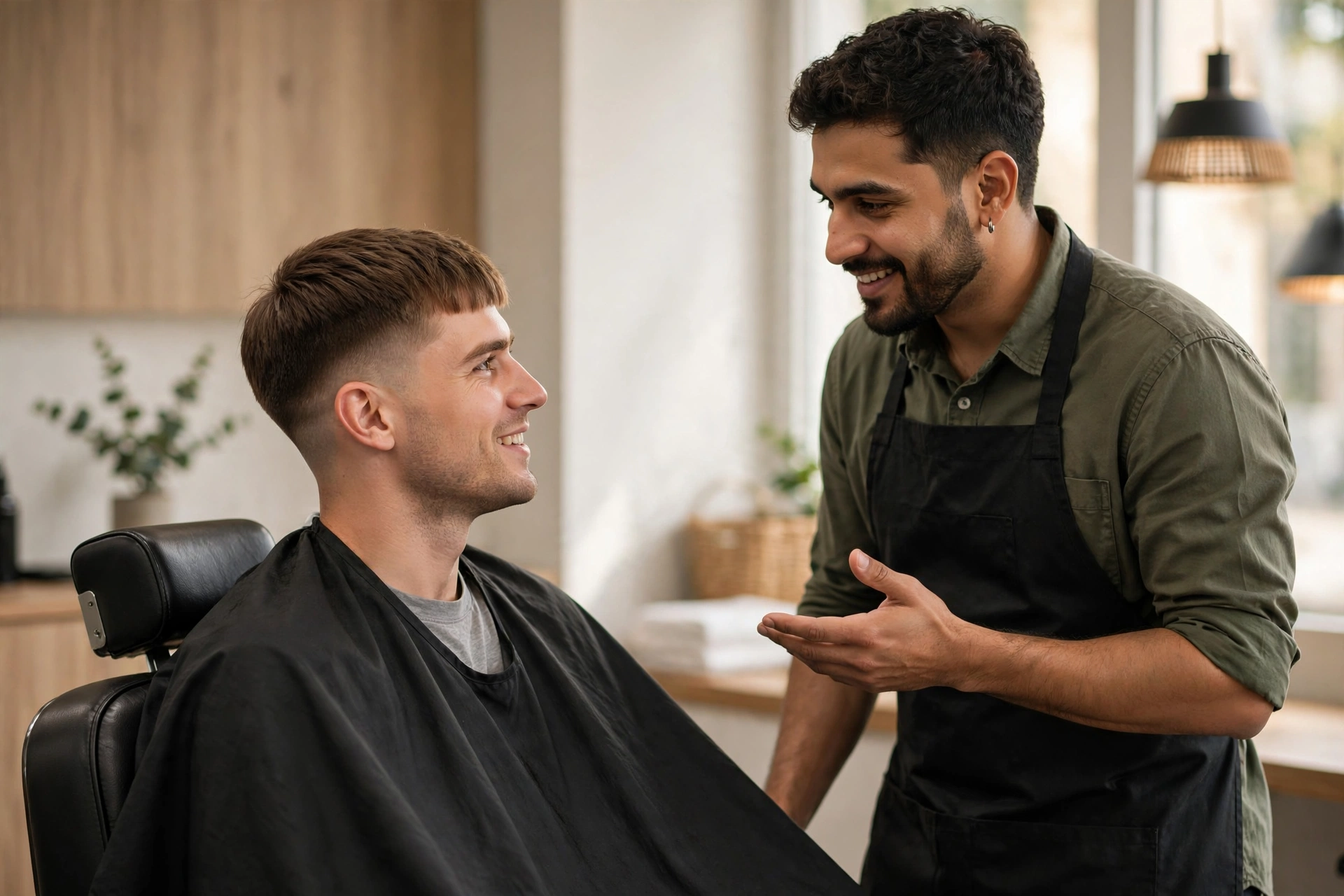 barber consulting with male client in barbershop chair, discussing haircut
