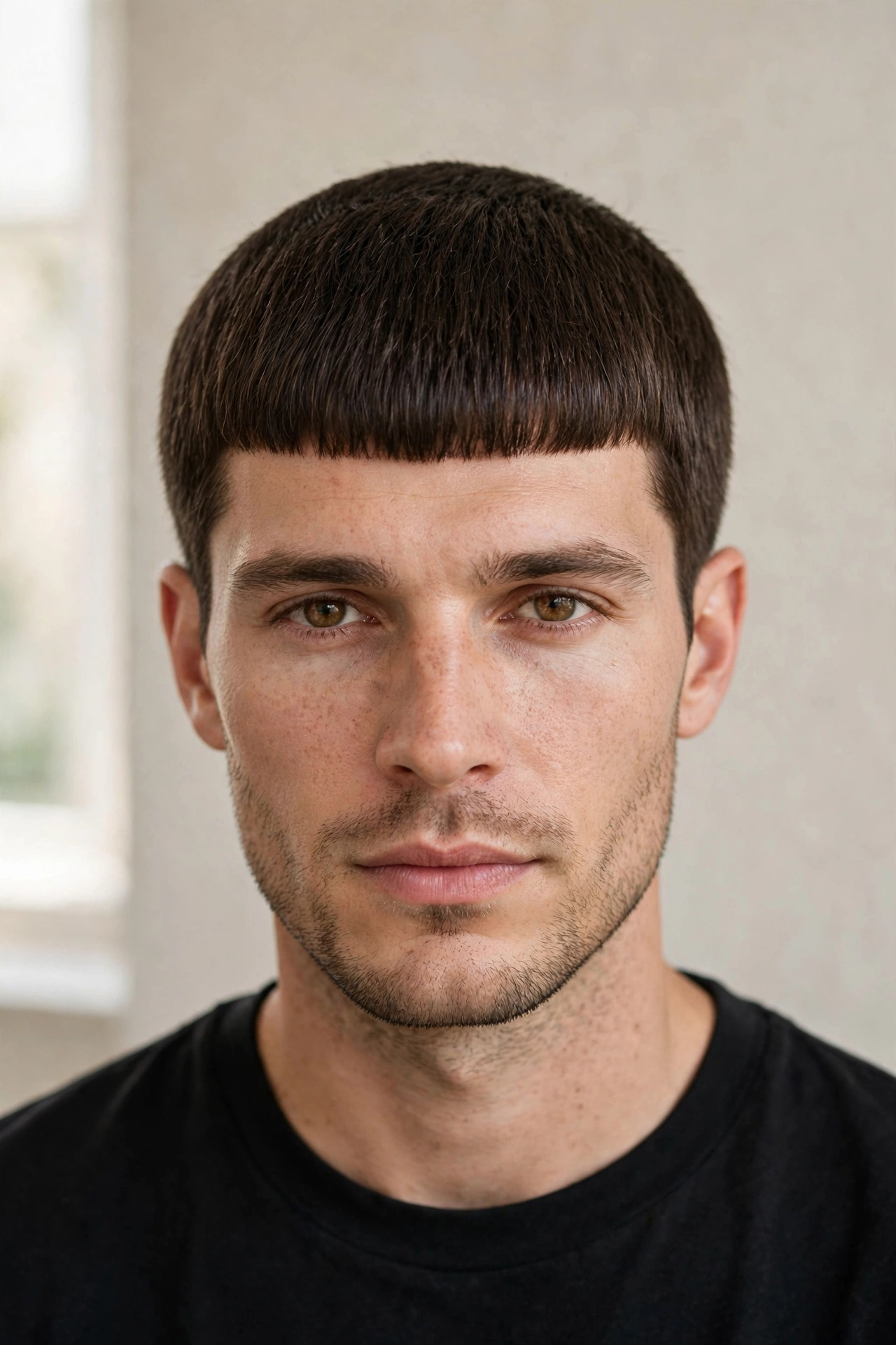 male model with the timeless classic caesar cut, even length all over, neat fringe