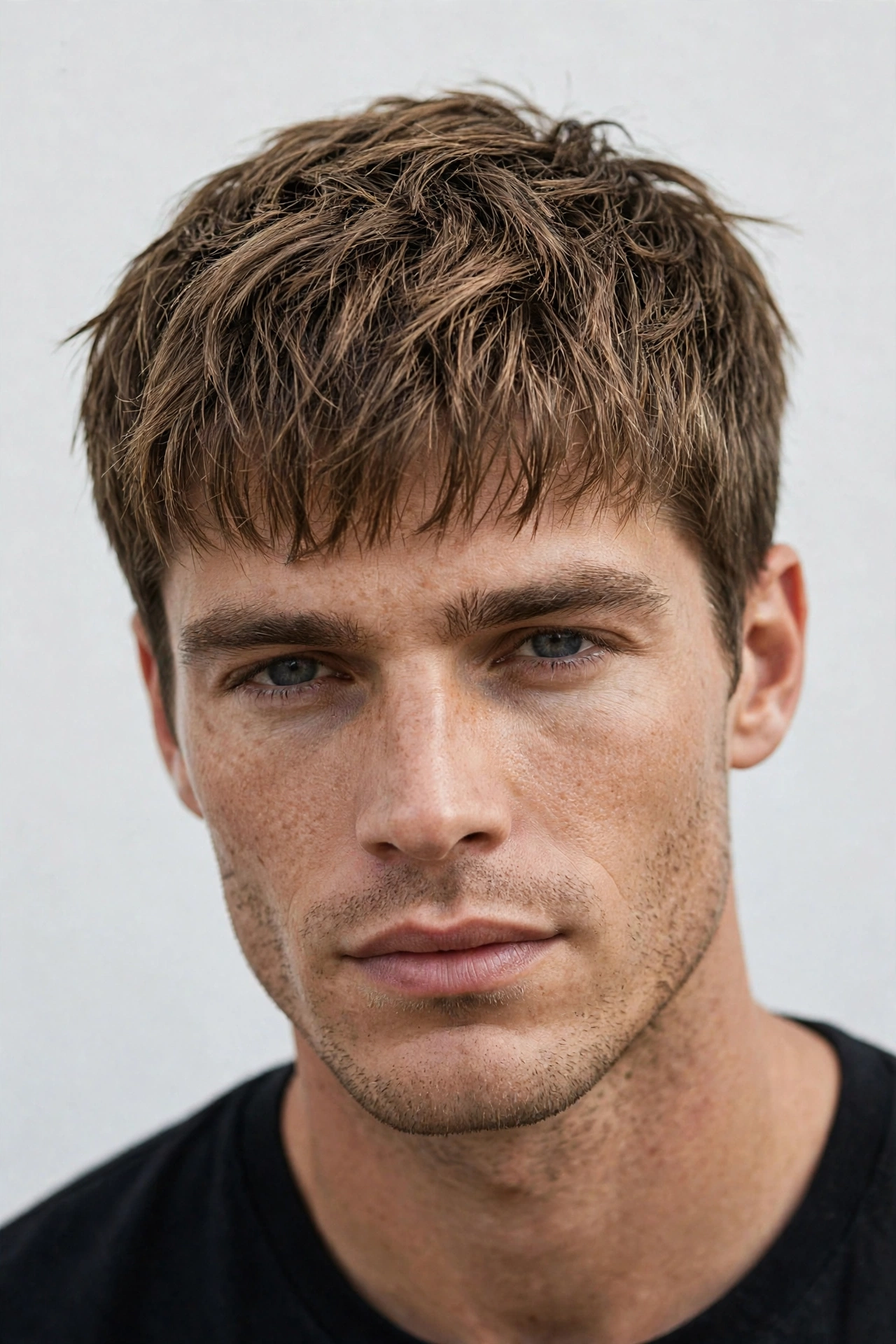 male model with textured caesar cut, choppy fringe with visible separation, natural light
