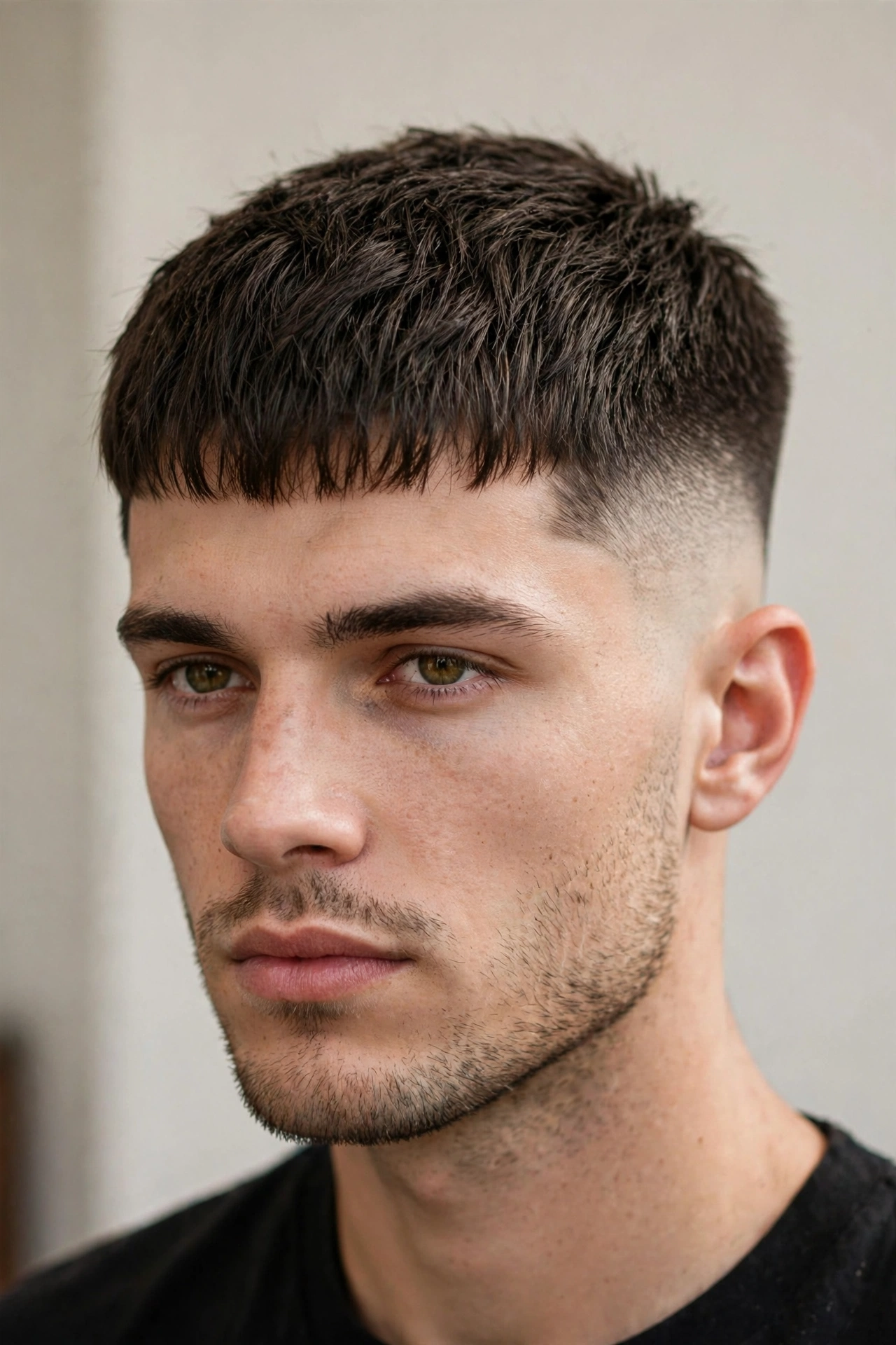 male model with caesar fade, short fringe on top and clean mid fade on sides