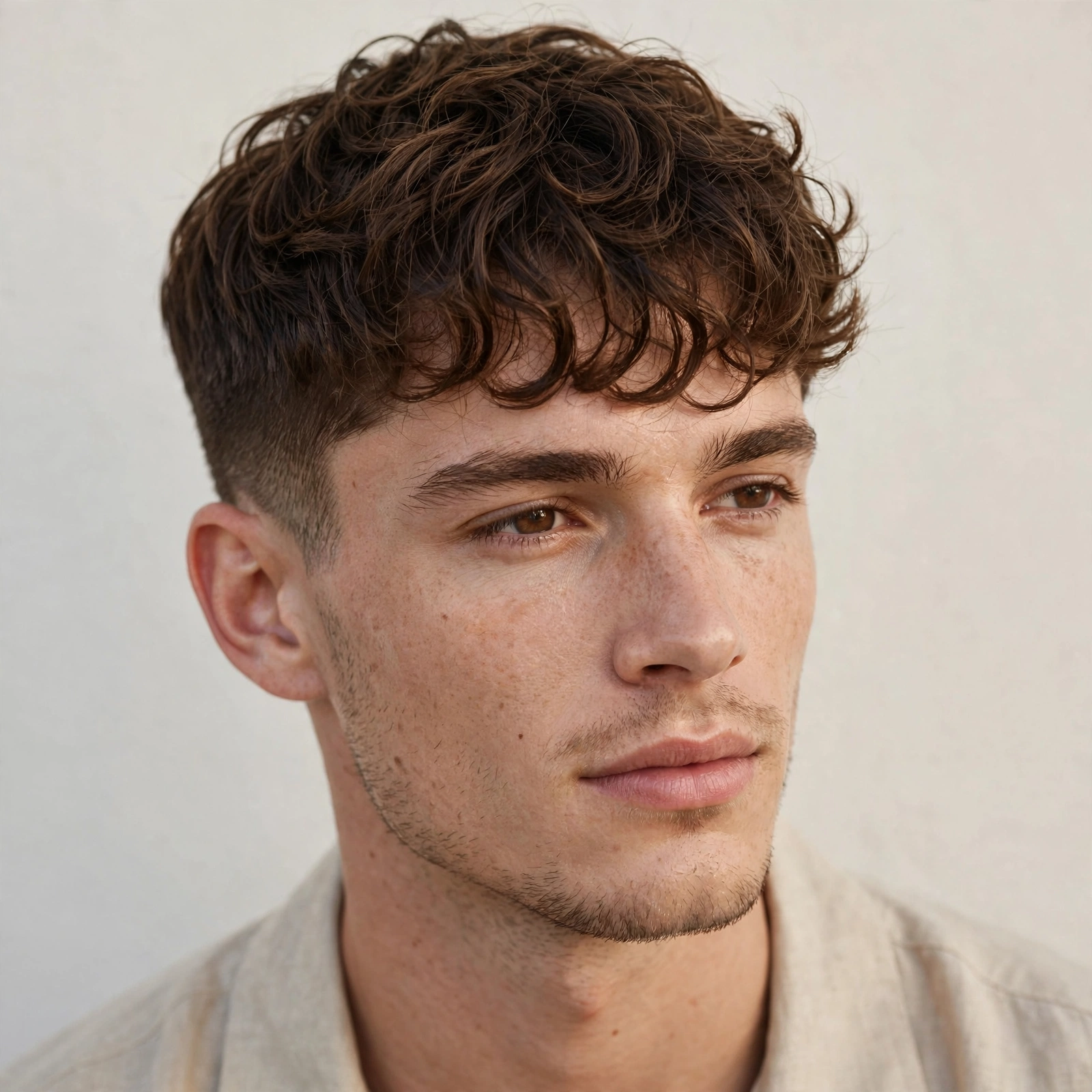 male model with curly caesar cut, short curls falling forward over forehead