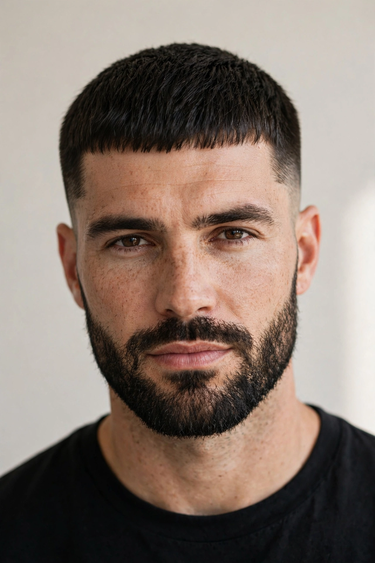 bearded male model with caesar cut, fringe paired with full short beard