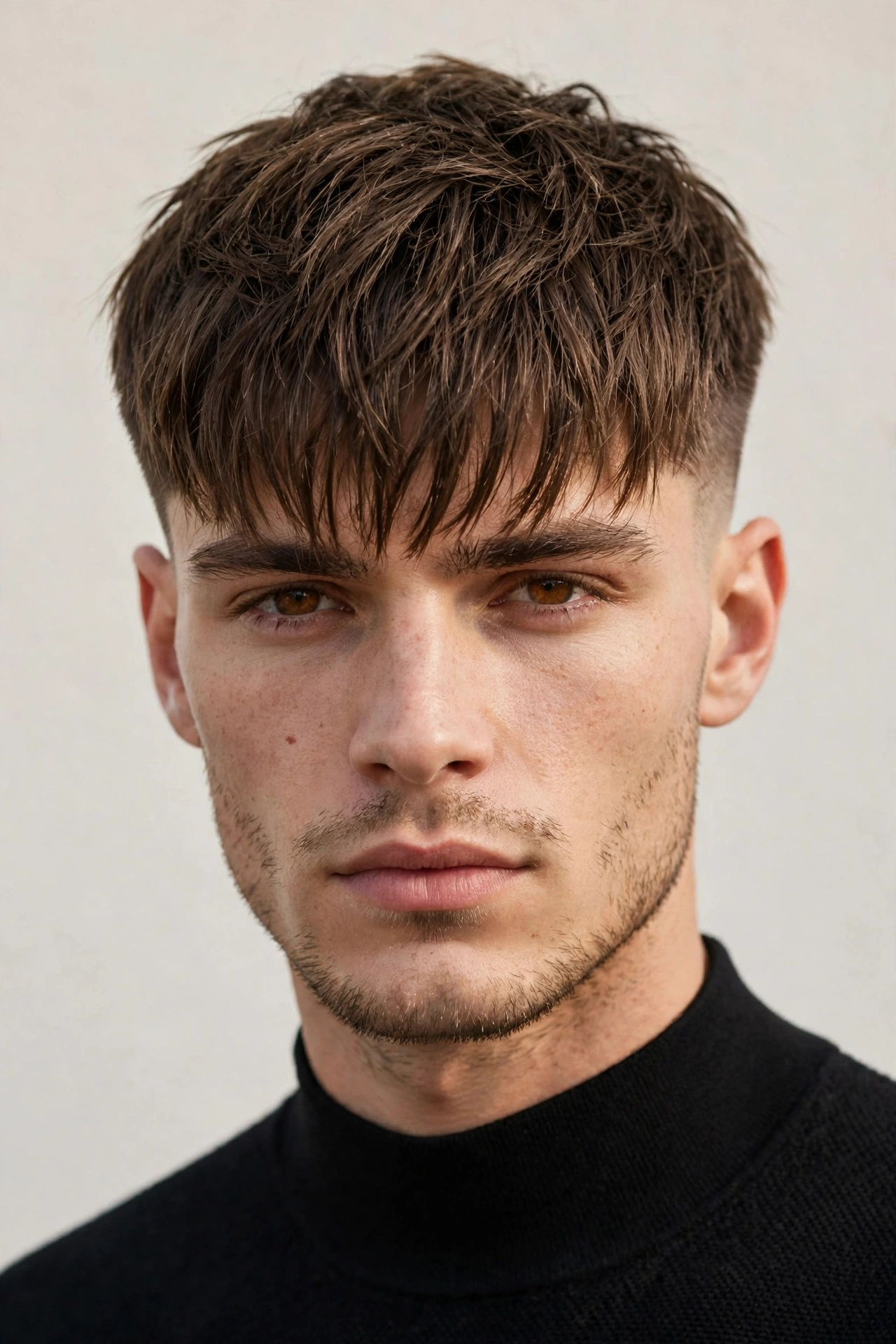 male model with caesar cut featuring longer fringe reaching eyebrows, modern style