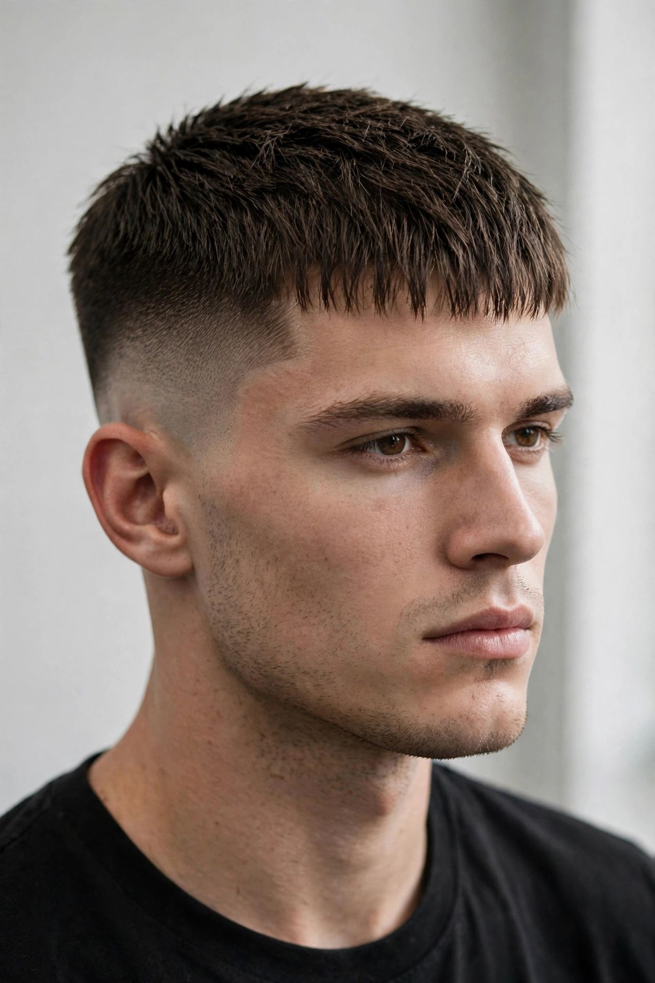 male model with caesar cut and skin fade sides, dramatic contrast, barbershop photo