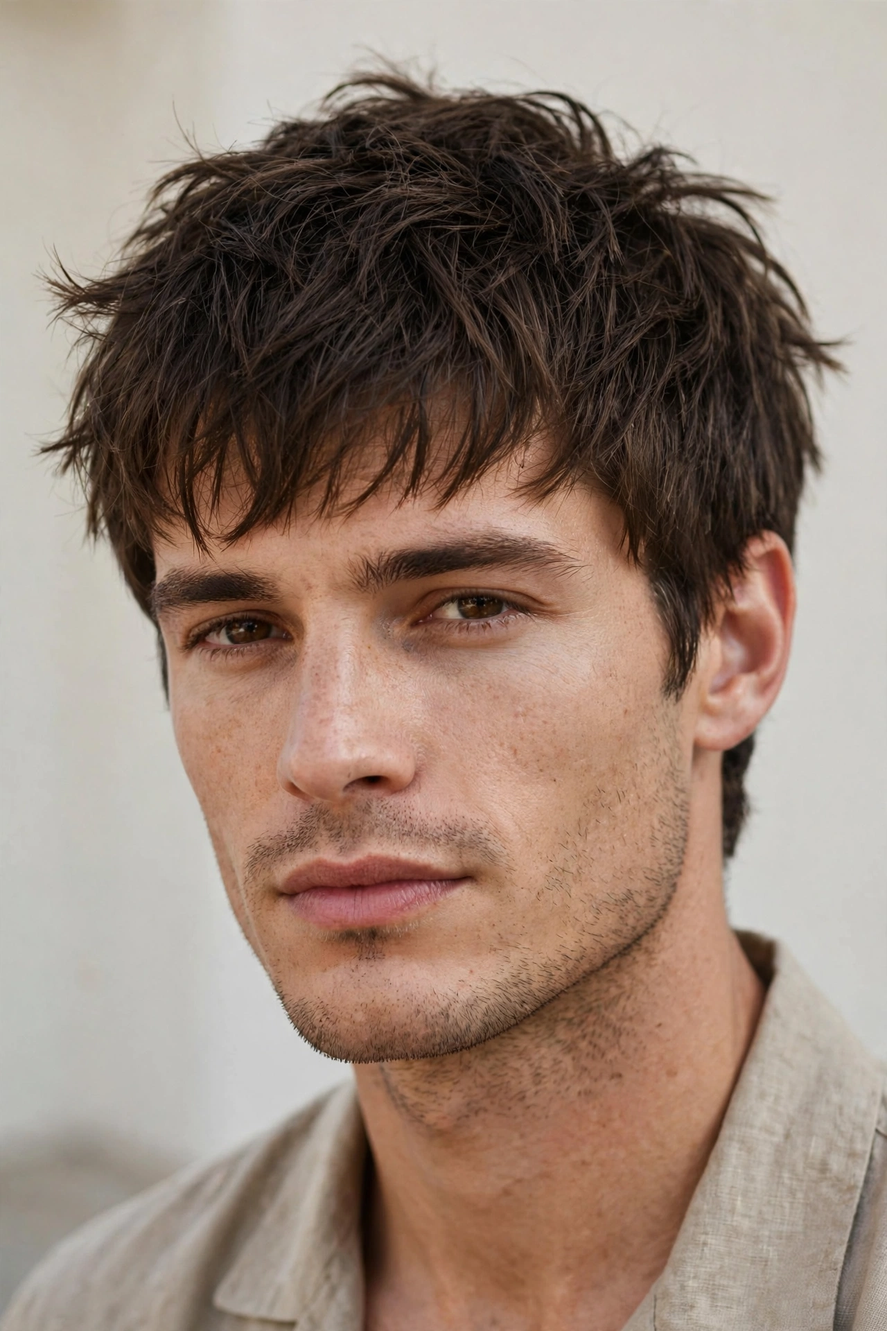male model with messy textured caesar, tousled forward hair, casual premium photography