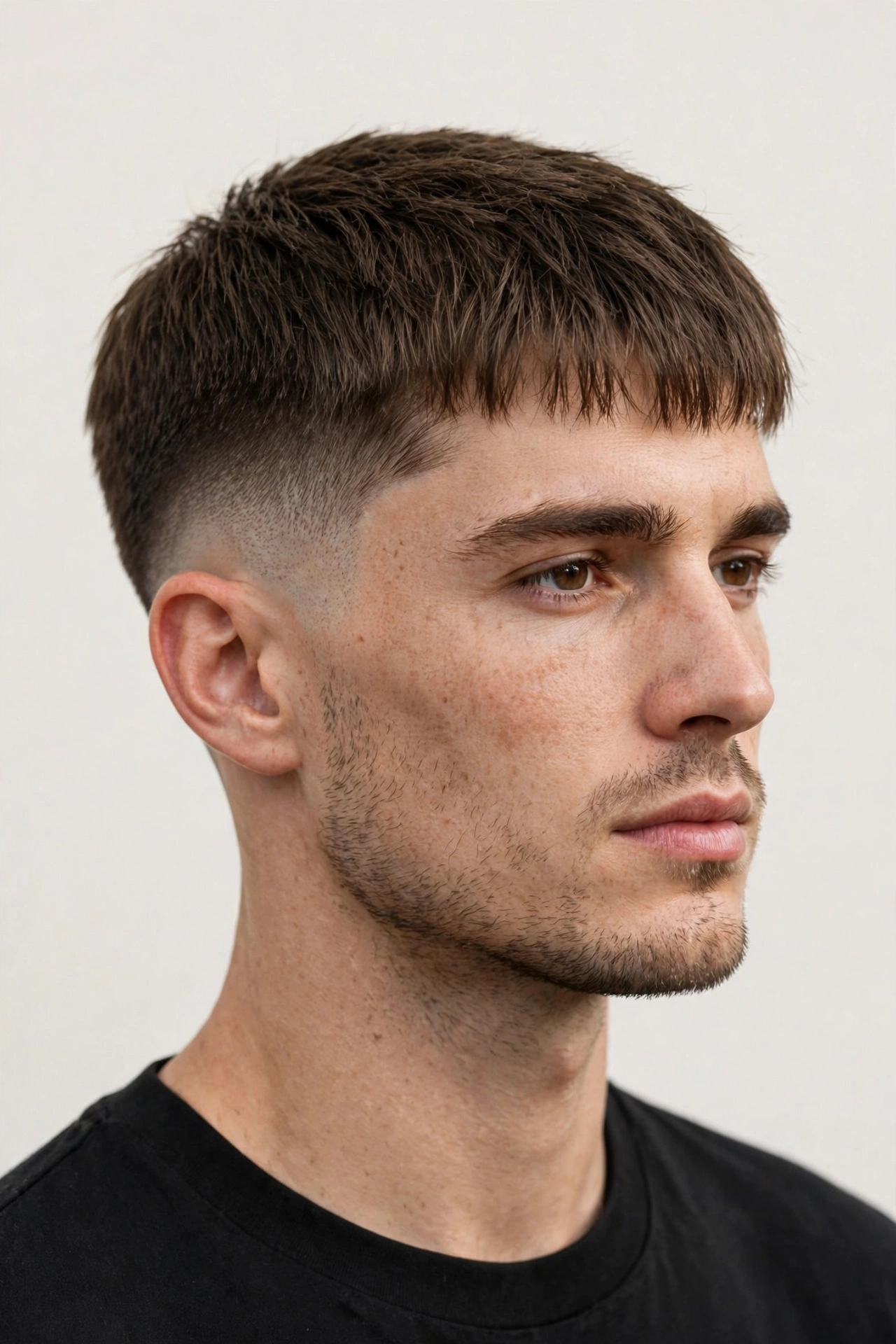 male model with caesar cut and tapered sides, natural neckline, clean professional photo