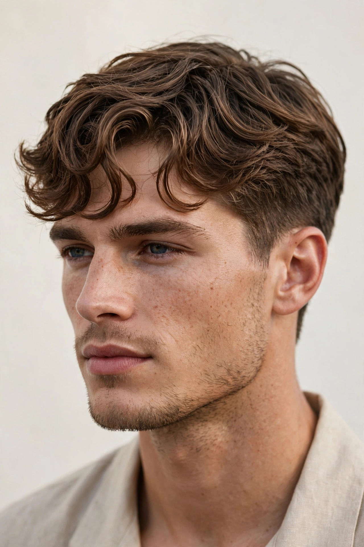 male model with wavy caesar cut, natural waves pushed forward, soft daylight