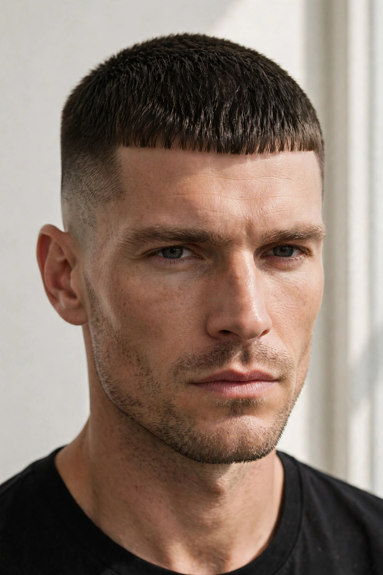male model with very short military-style caesar cut, crisp fringe, clean background