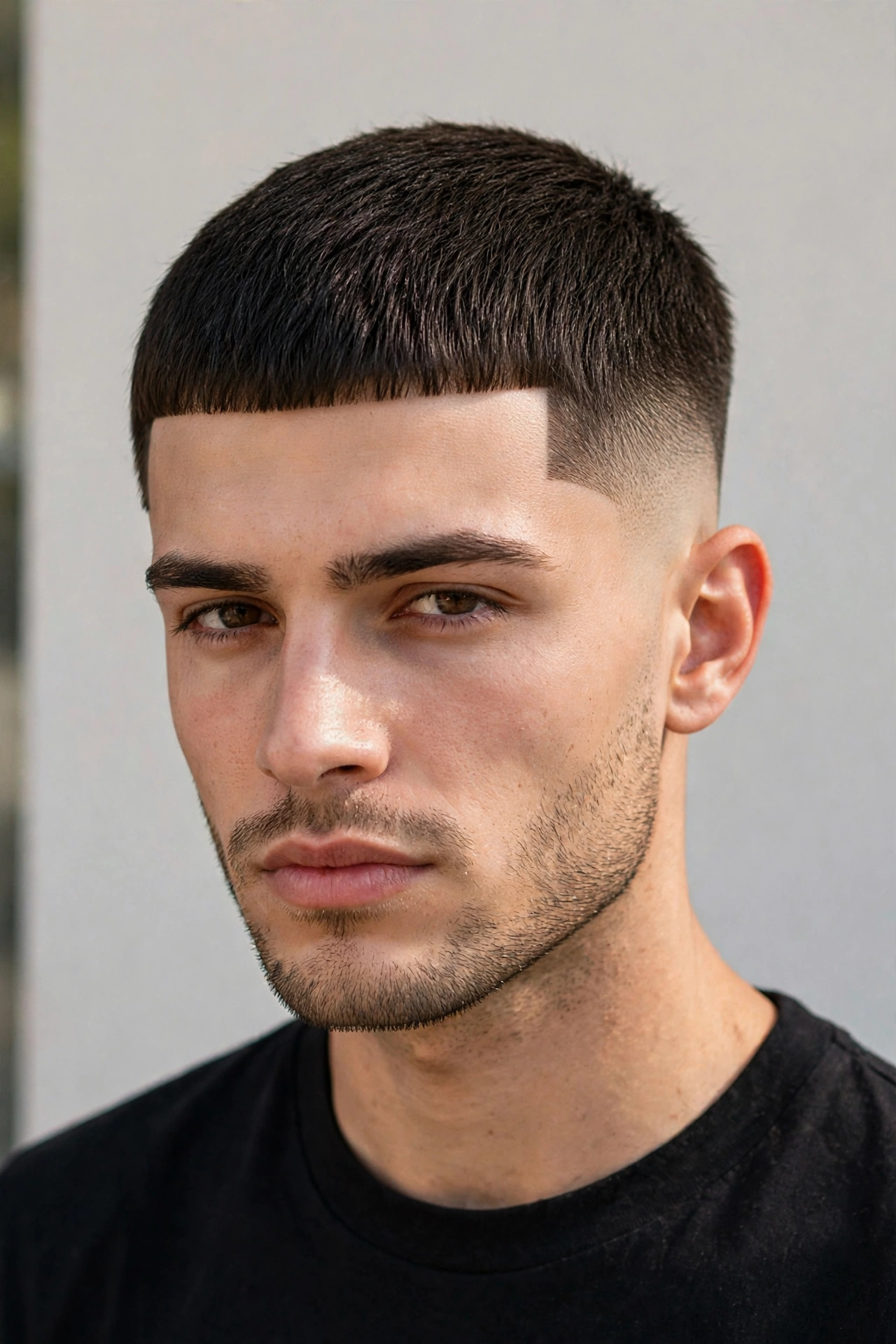 male model with caesar cut and sharp lineup edges, defined hairline, barbershop portrait