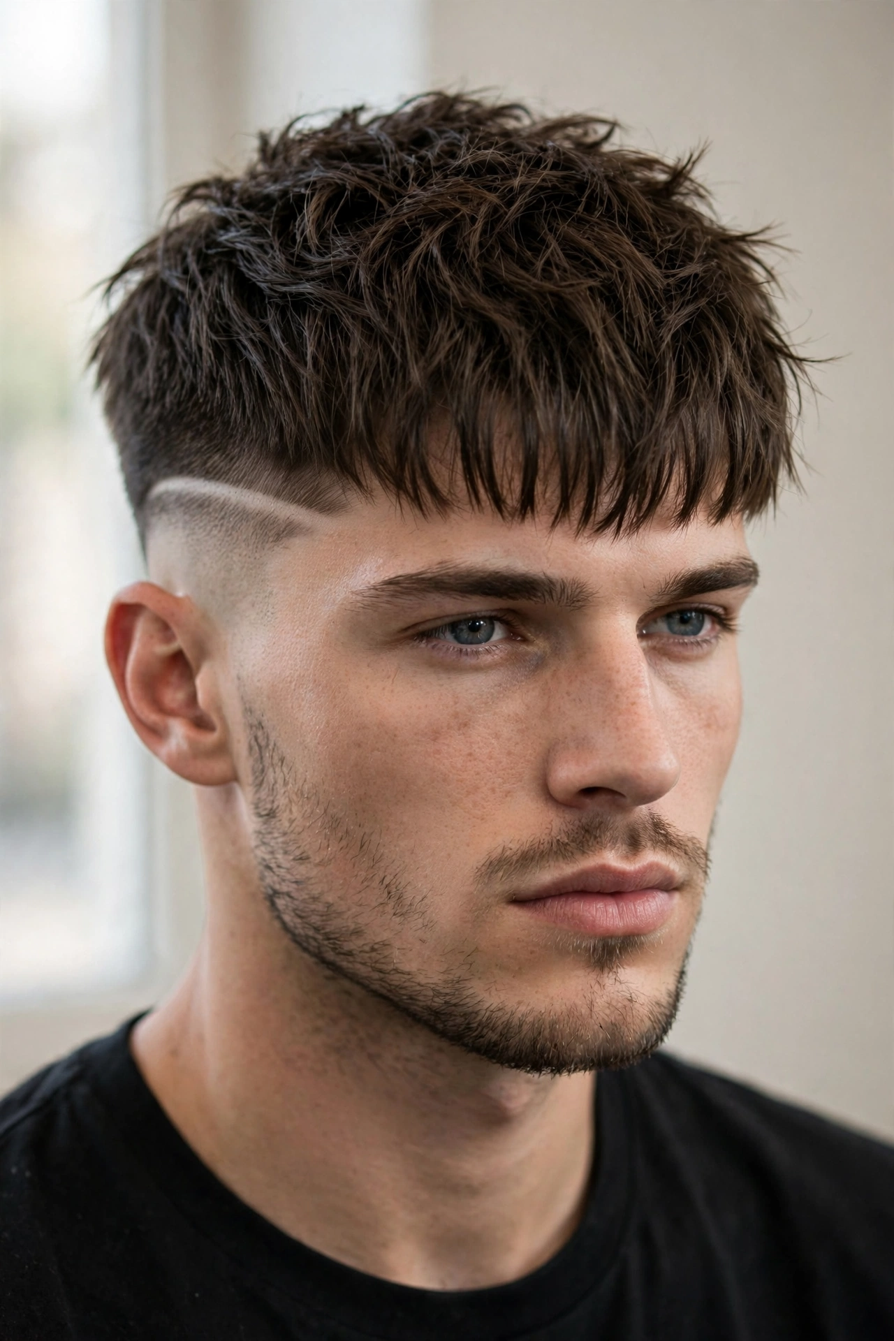 male model with disconnected caesar, longer top with very short sides, edgy modern look